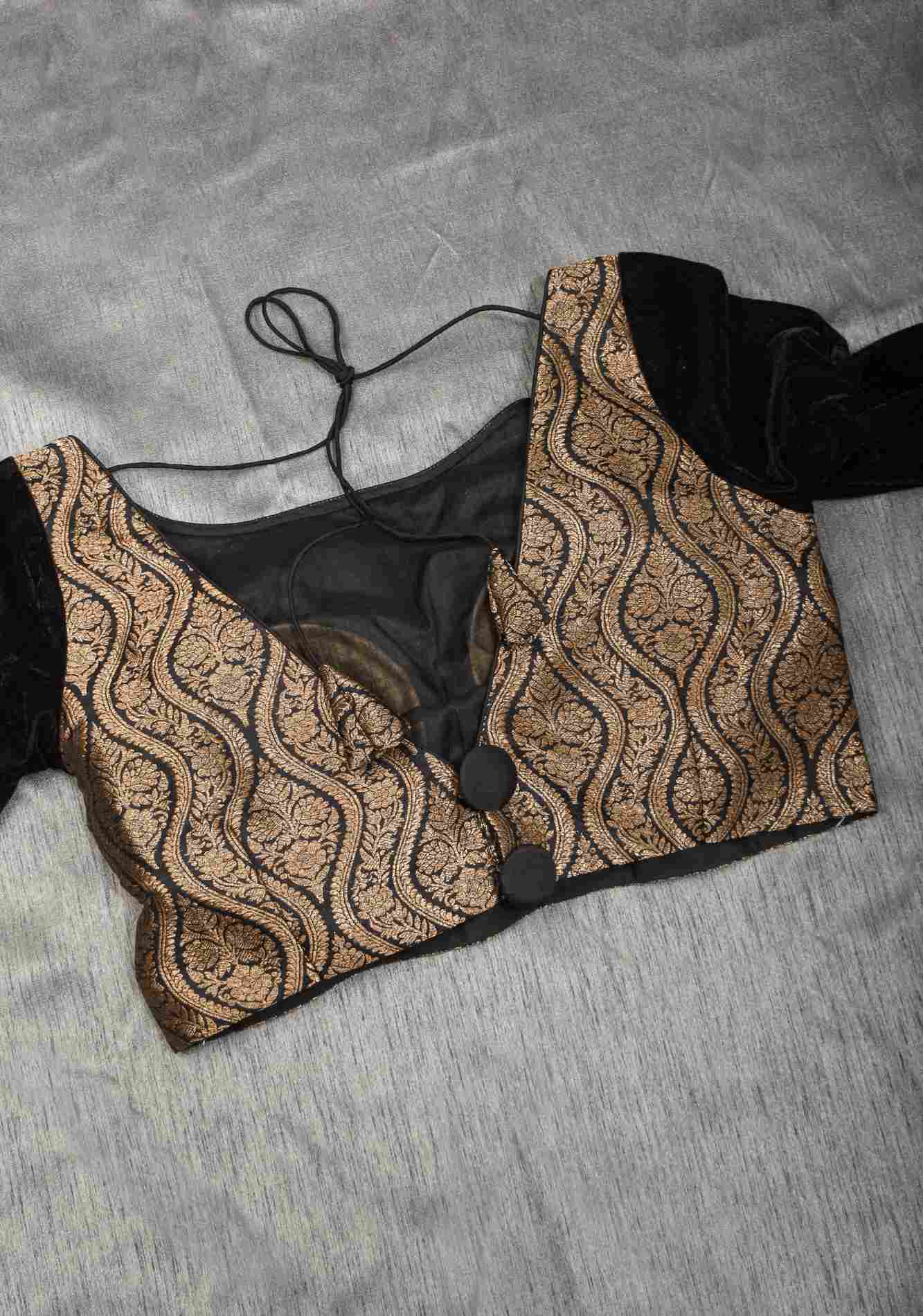 Made To Order: Black Brocade Blouse with full slevees with zari detailing.