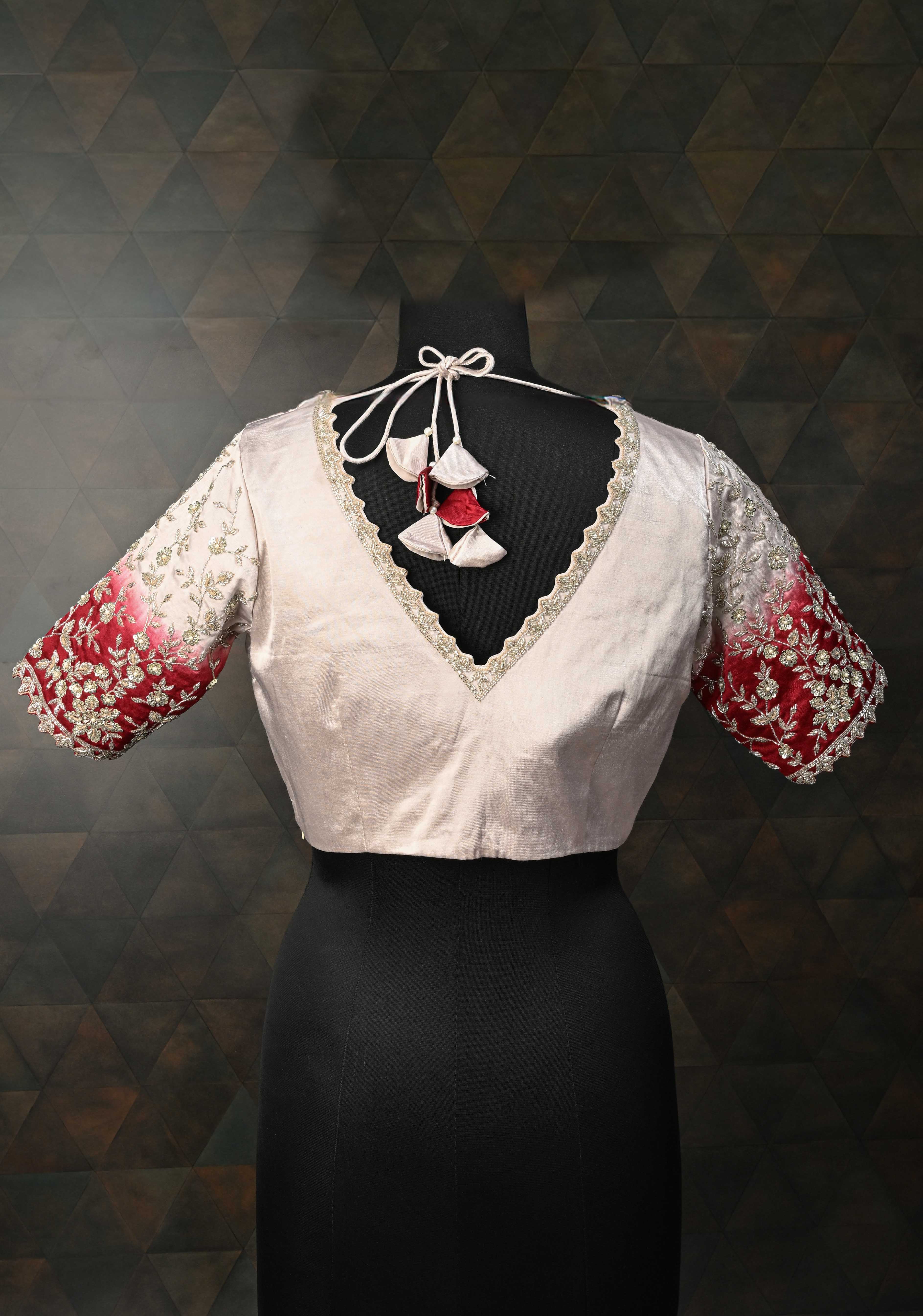 SIZE 38" Contemporary Silver Ombre Blouse with Cutdana Embellished on Sleeves and Neck | Shobitam