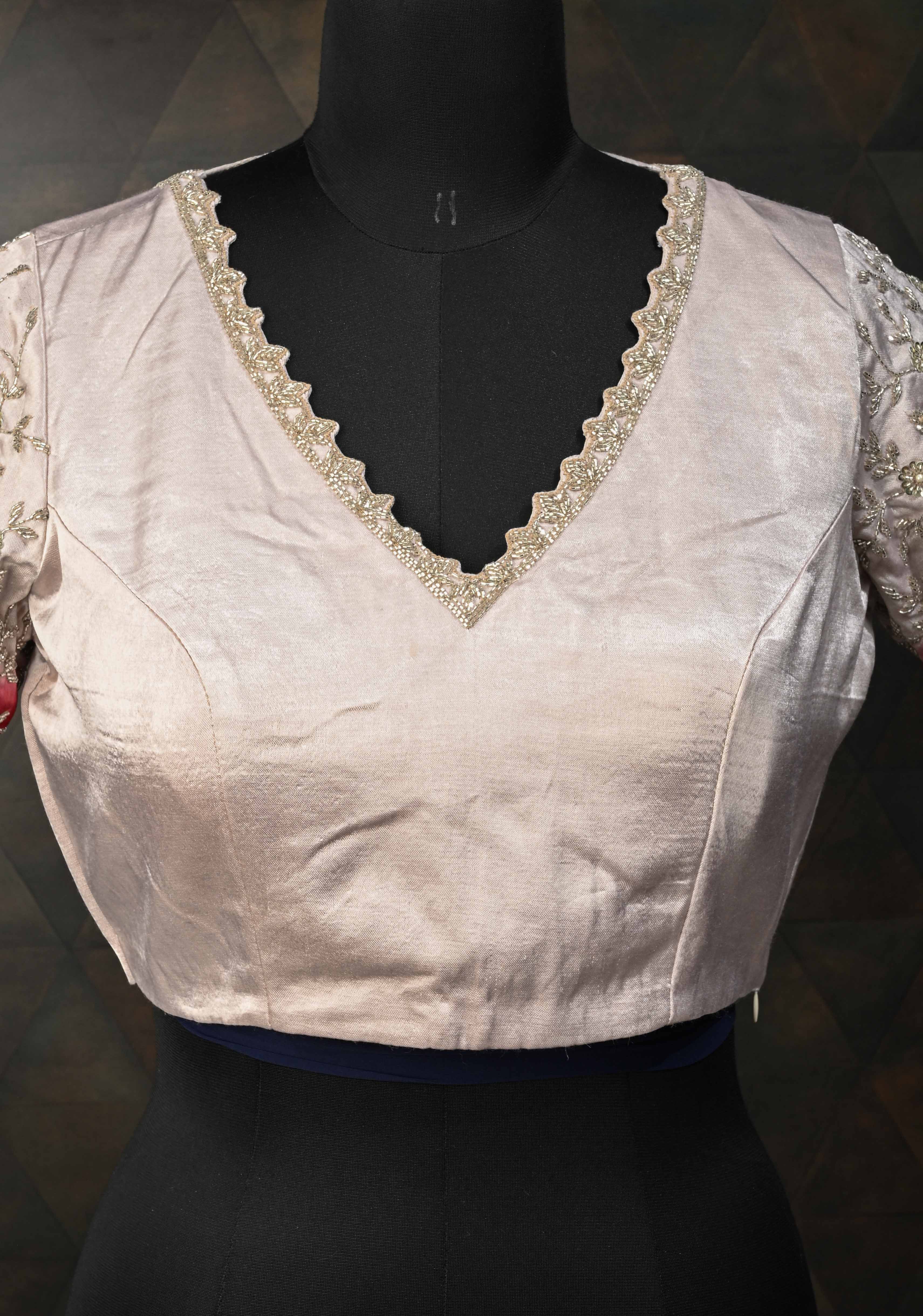 SIZE 38" Contemporary Silver Ombre Blouse with Cutdana Embellished on Sleeves and Neck | Shobitam