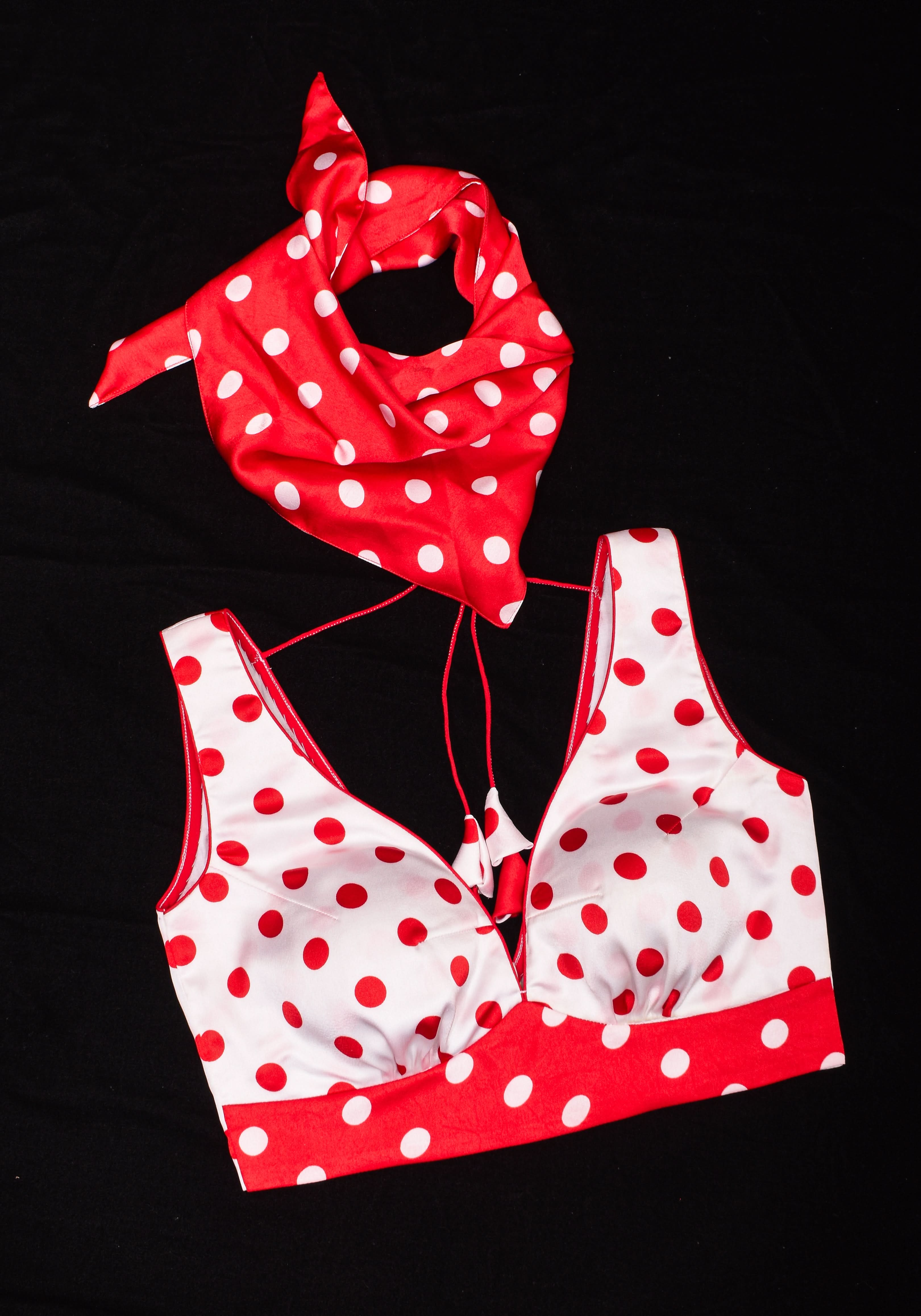 Retro red and White Polka Dot Satin Blouse with Contrasting Red scarf , Made to Order | Shobitam
