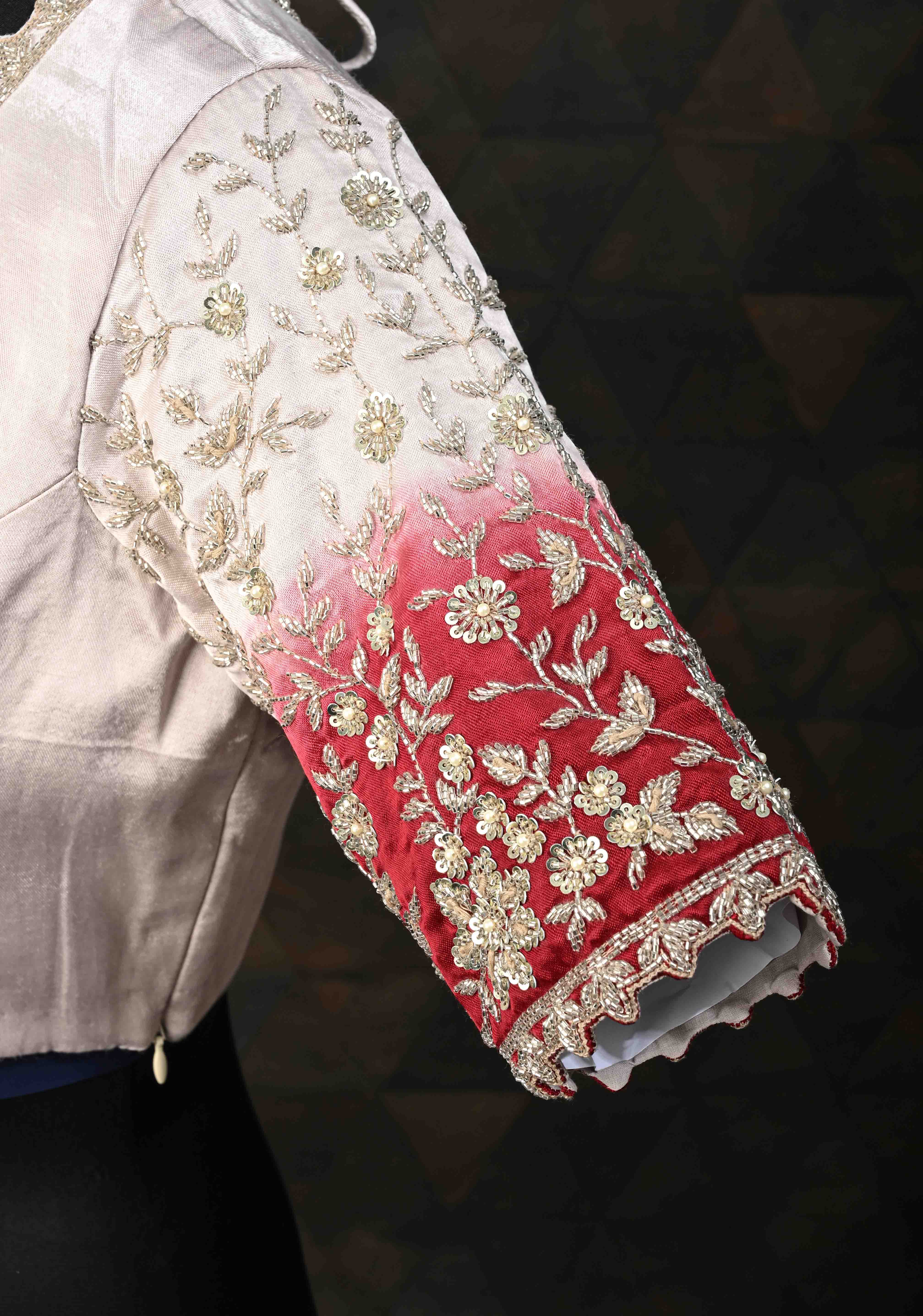 SIZE 38" Contemporary Silver Ombre Blouse with Cutdana Embellished on Sleeves and Neck | Shobitam