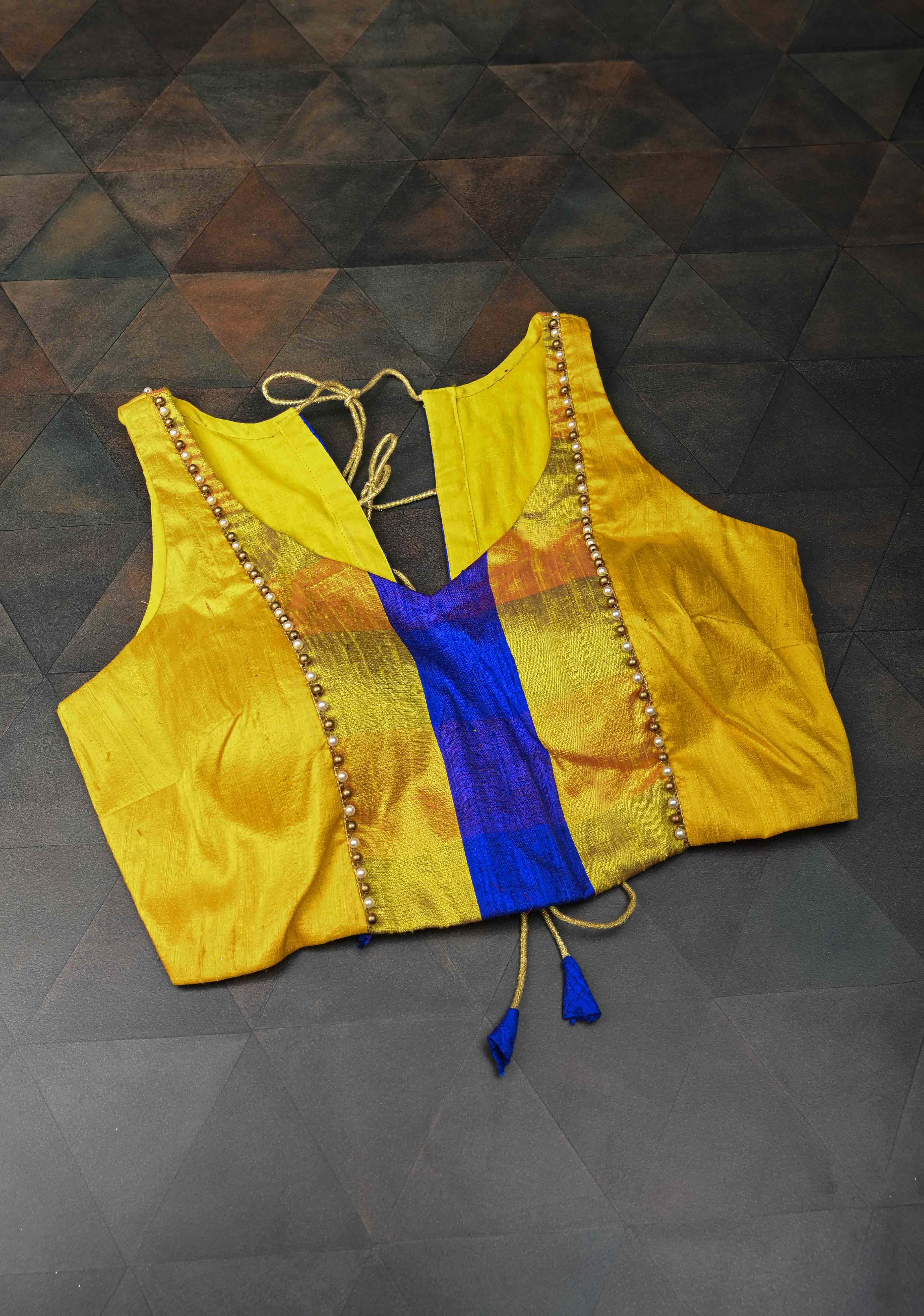 Yellow blue checked with yellow pure rawsilk sweetheart neck blouse | Shobitam