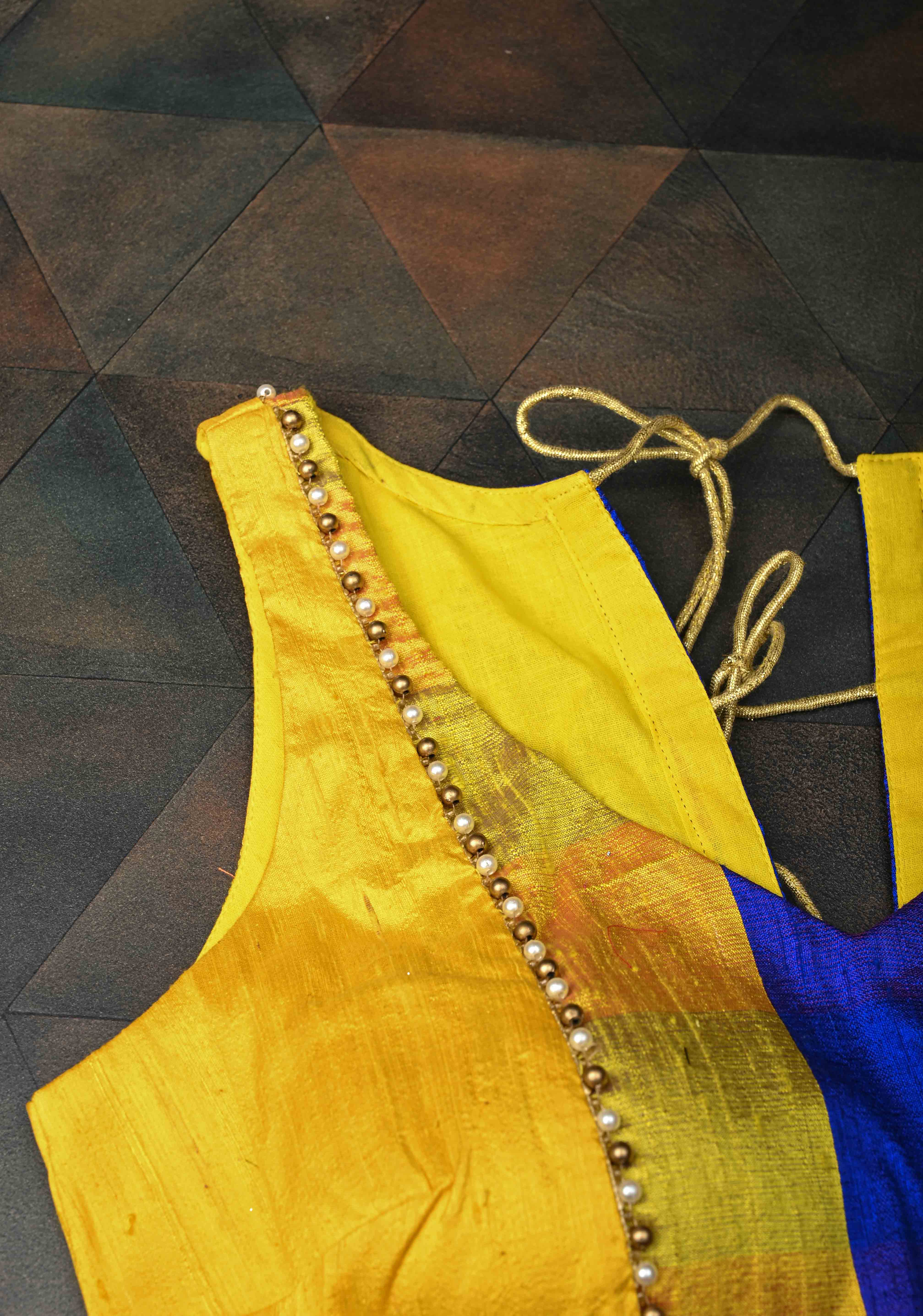 Yellow blue checked with yellow pure rawsilk sweetheart neck blouse | Shobitam