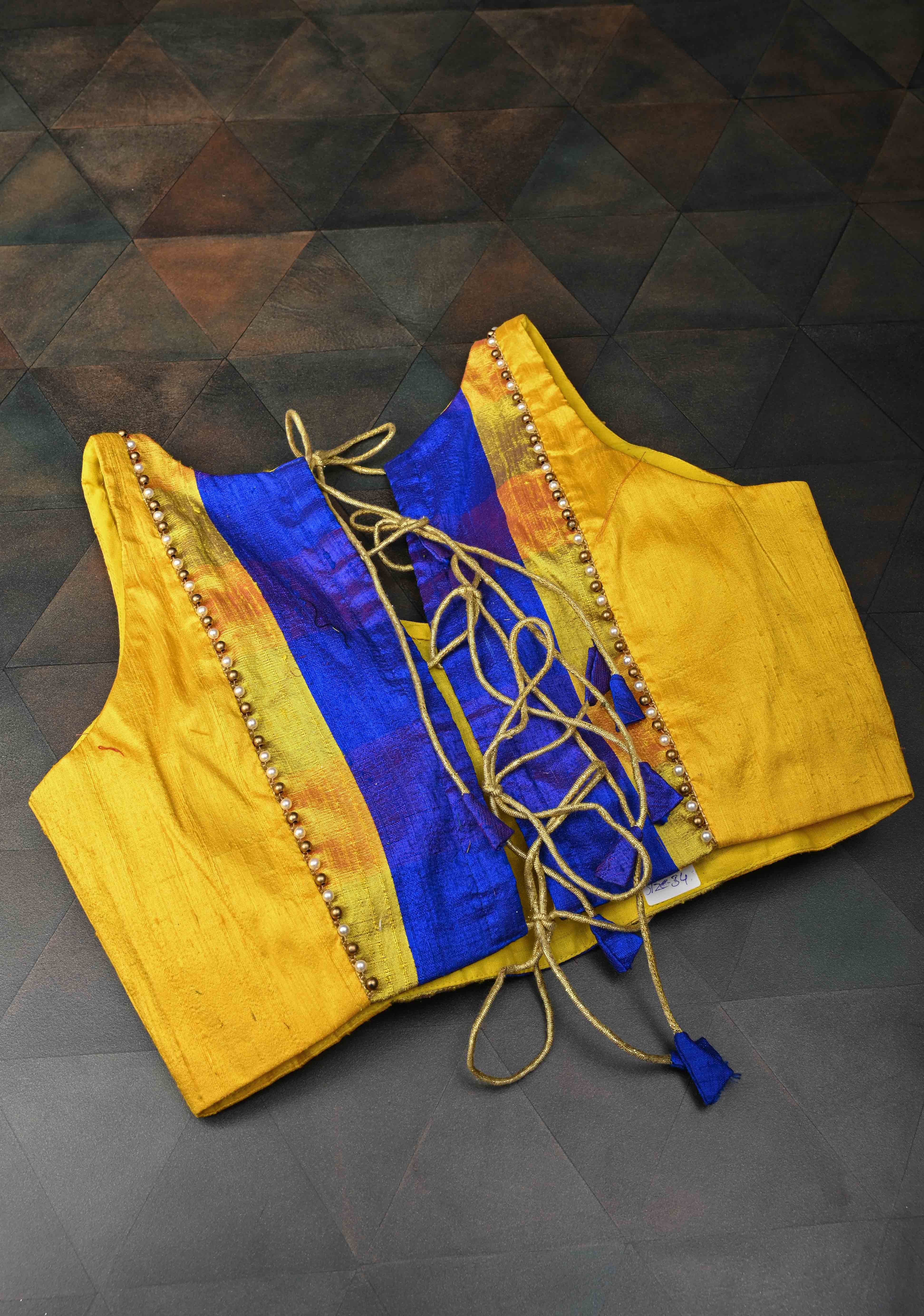 Yellow blue checked with yellow pure rawsilk sweetheart neck blouse | Shobitam