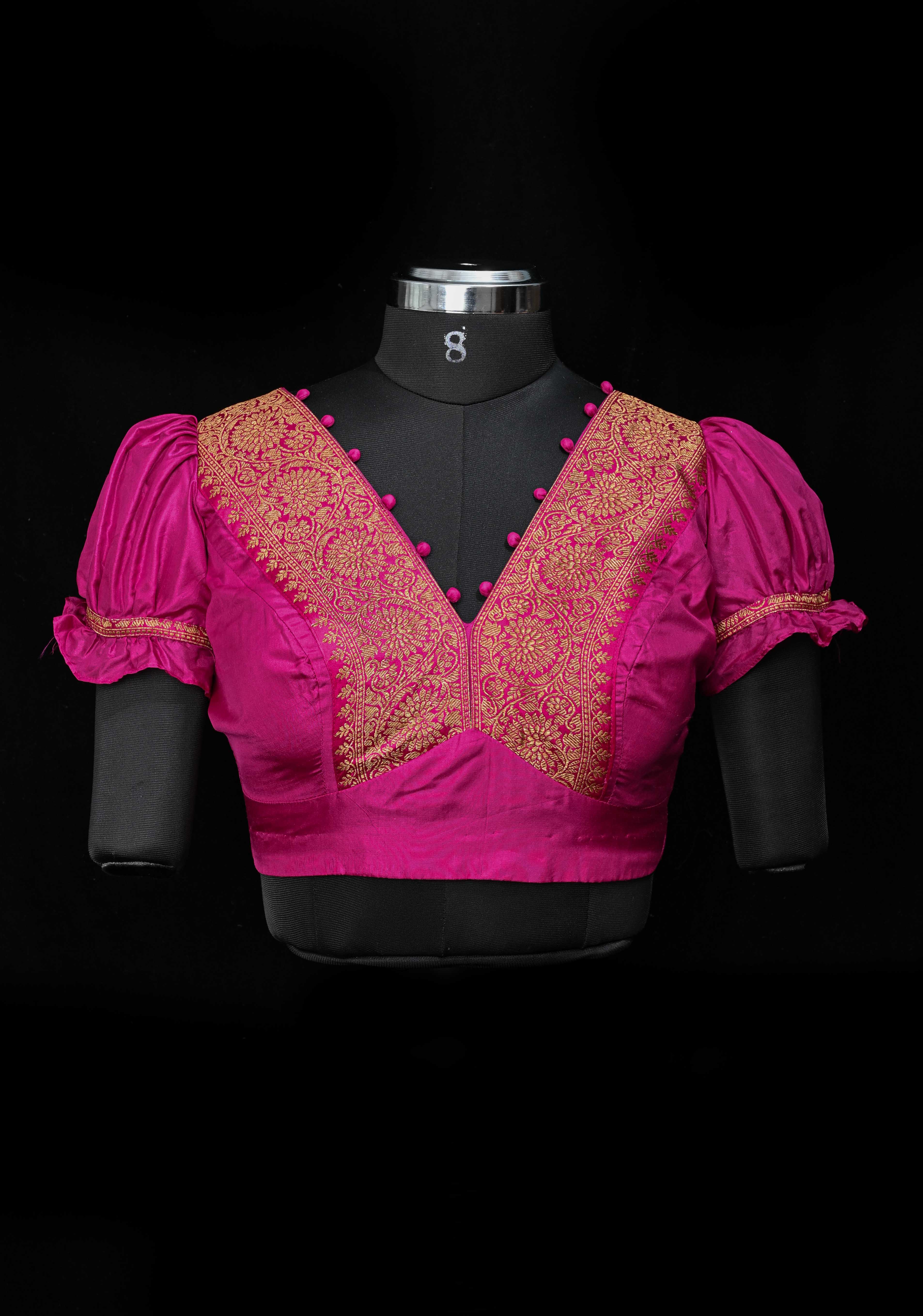 Fuchsia Pure Silk Blouse with Antique Zari Banarasi Border detailing and Puff Sleeves, Potli Buttons, Customizable, Made to Order | Shobitam