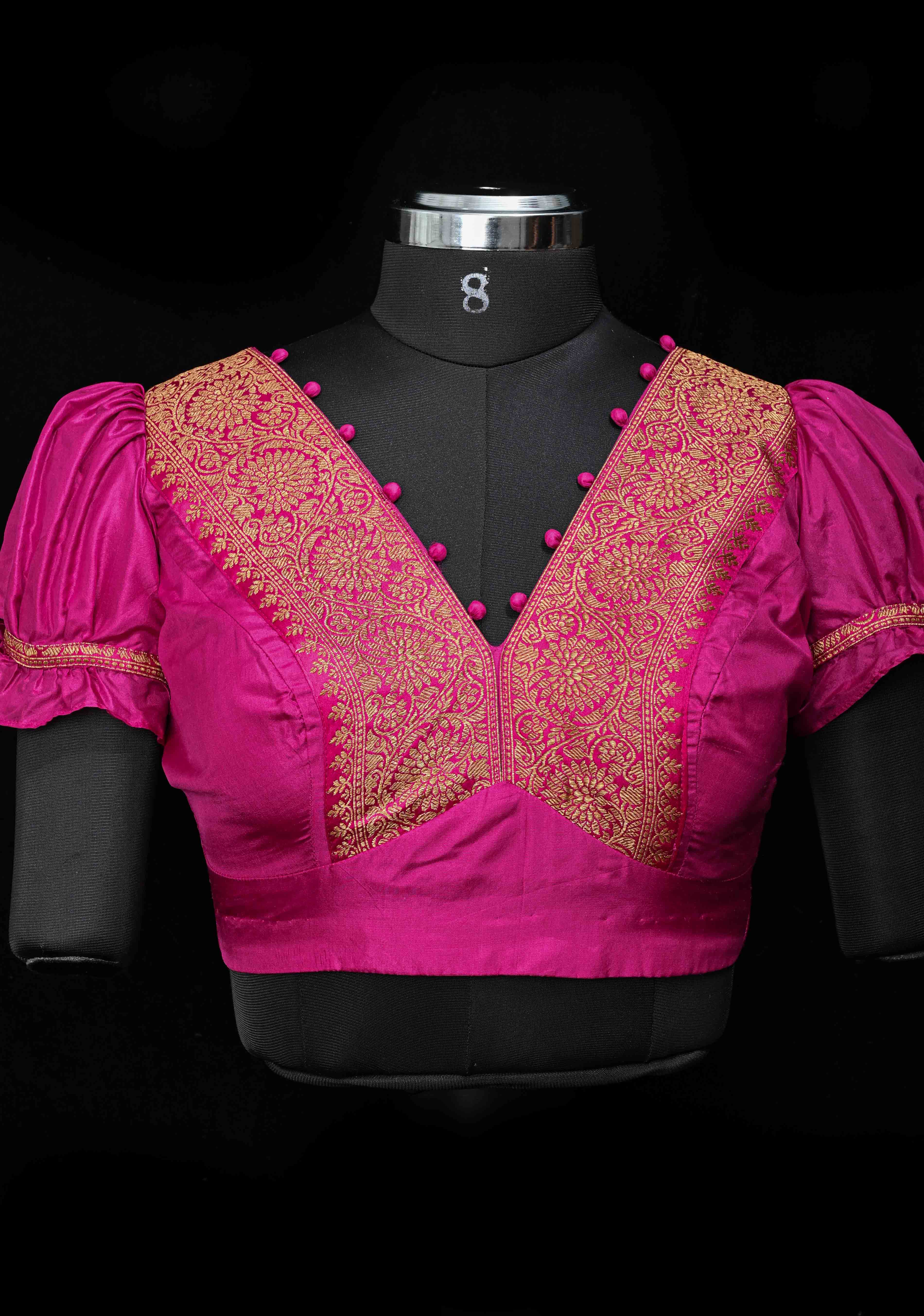 Fuchsia Pure Silk Blouse with Antique Zari Banarasi Border detailing and Puff Sleeves, Potli Buttons, Customizable, Made to Order | Shobitam