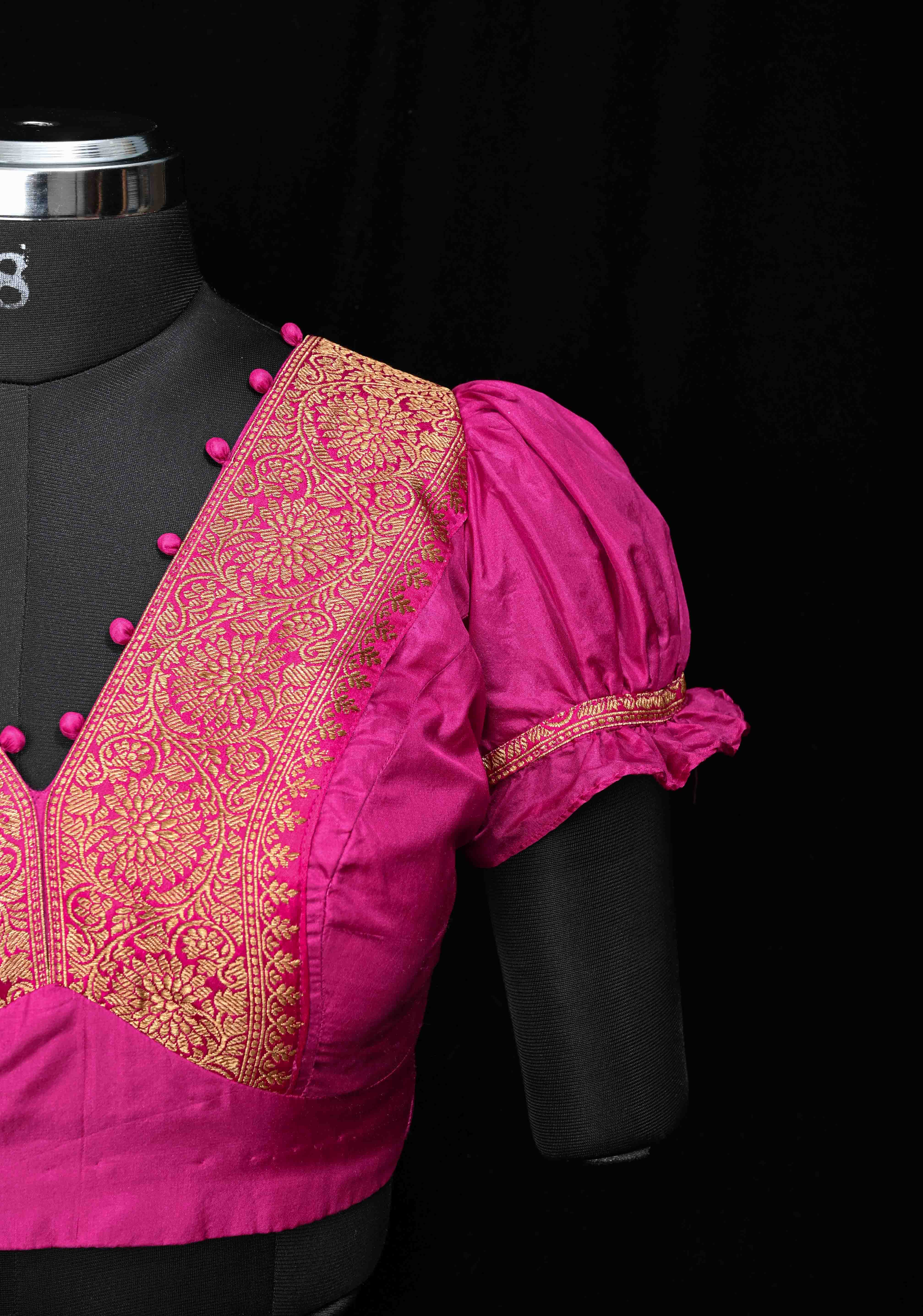 Fuchsia Pure Silk Blouse with Antique Zari Banarasi Border detailing and Puff Sleeves, Potli Buttons, Customizable, Made to Order | Shobitam
