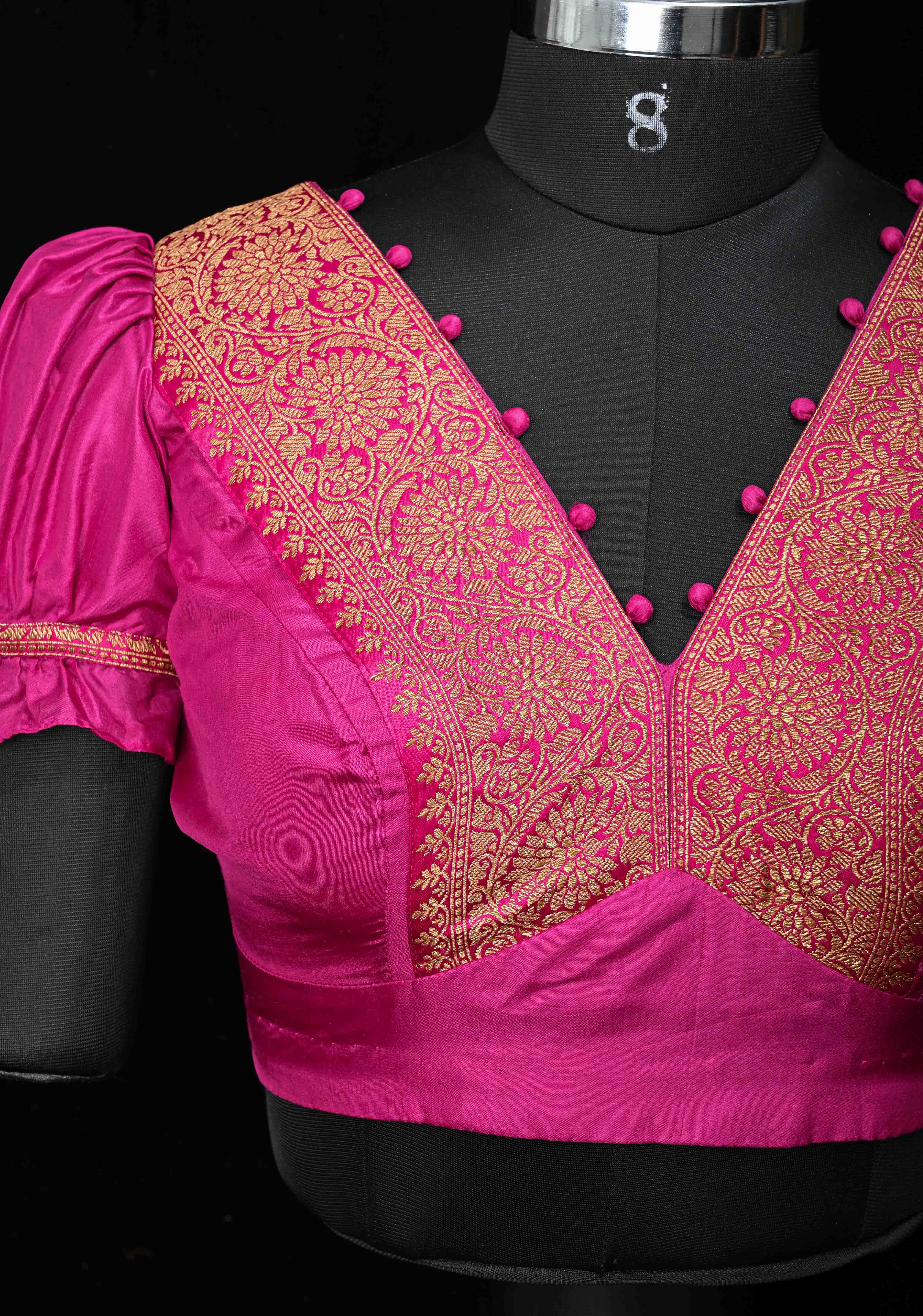 Fuchsia Pure Silk Blouse with Antique Zari Banarasi Border detailing and Puff Sleeves, Potli Buttons, Customizable, Made to Order | Shobitam