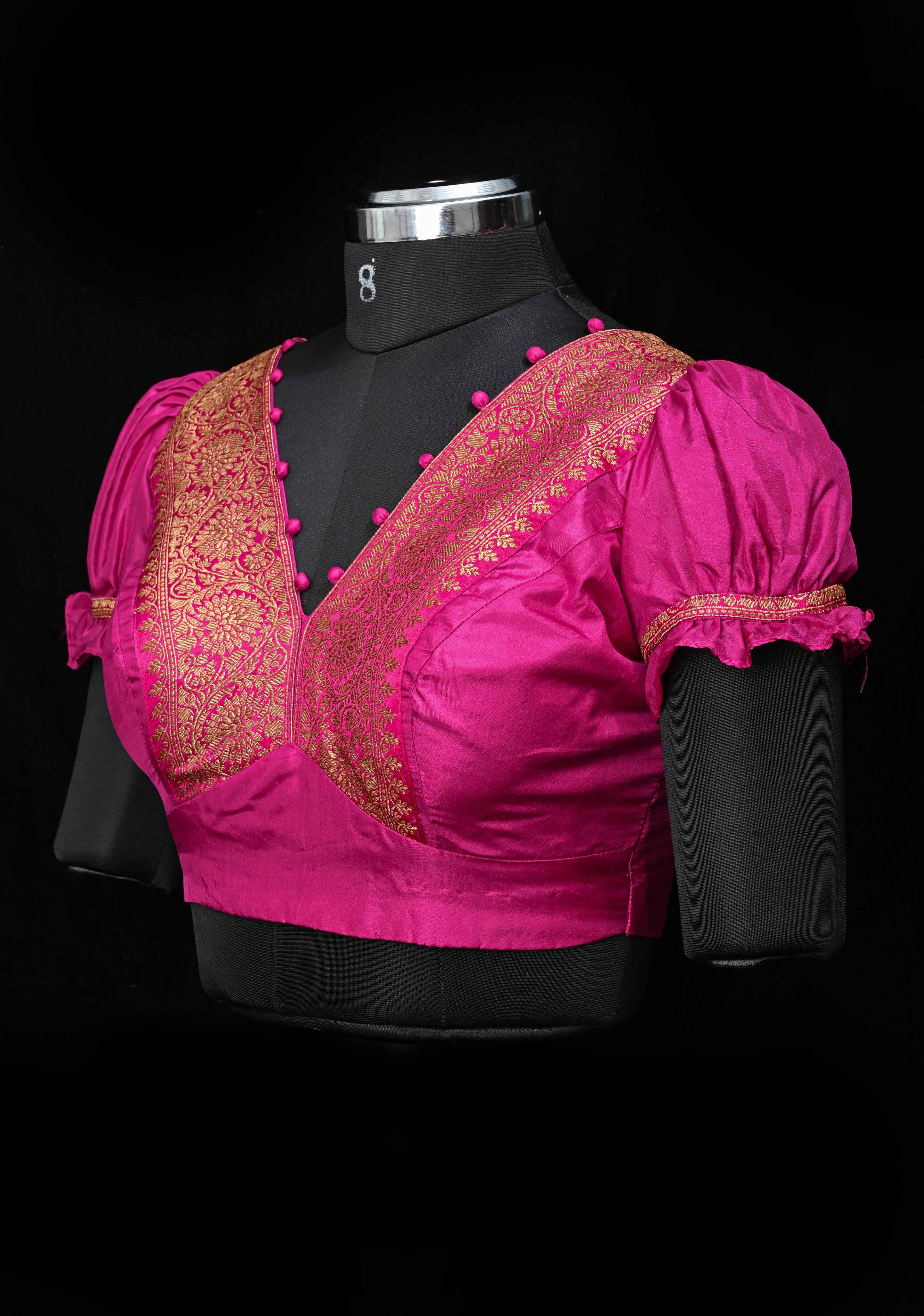 Fuchsia Pure Silk Blouse with Antique Zari Banarasi Border detailing and Puff Sleeves, Potli Buttons, Customizable, Made to Order | Shobitam