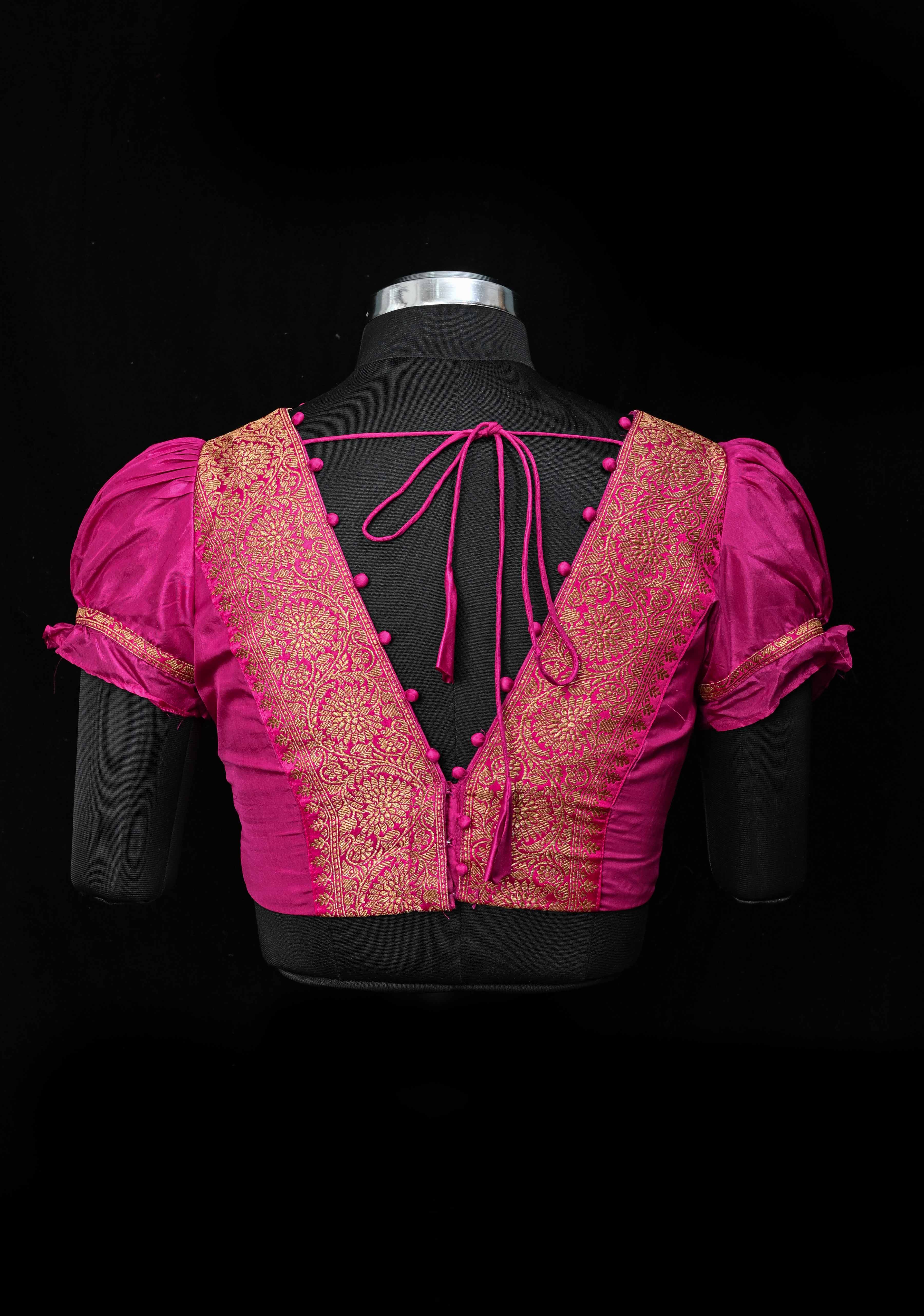 Fuchsia Pure Silk Blouse with Antique Zari Banarasi Border detailing and Puff Sleeves, Potli Buttons, Customizable, Made to Order | Shobitam