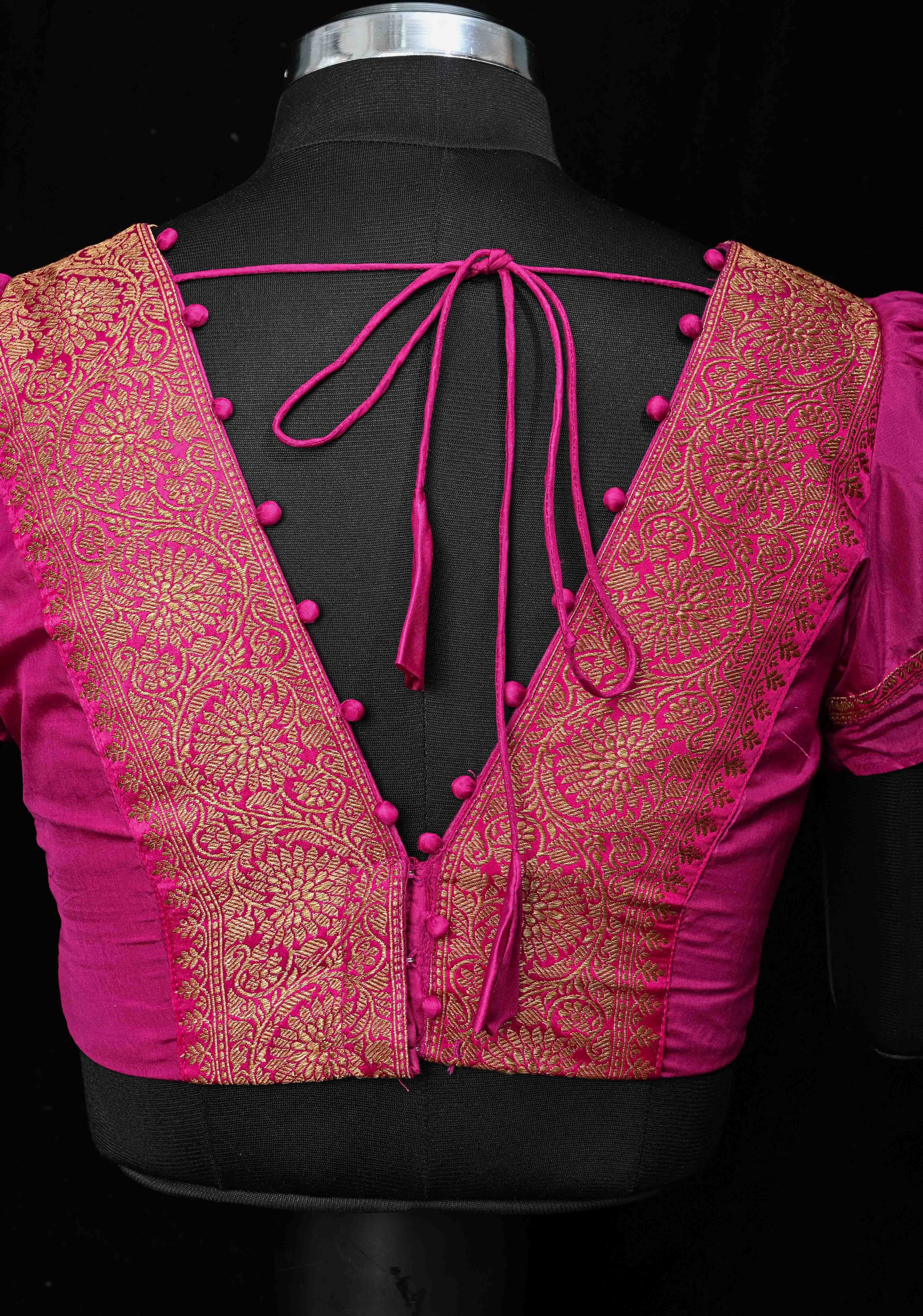 Fuchsia Pure Silk Blouse with Antique Zari Banarasi Border detailing and Puff Sleeves, Potli Buttons, Customizable, Made to Order | Shobitam