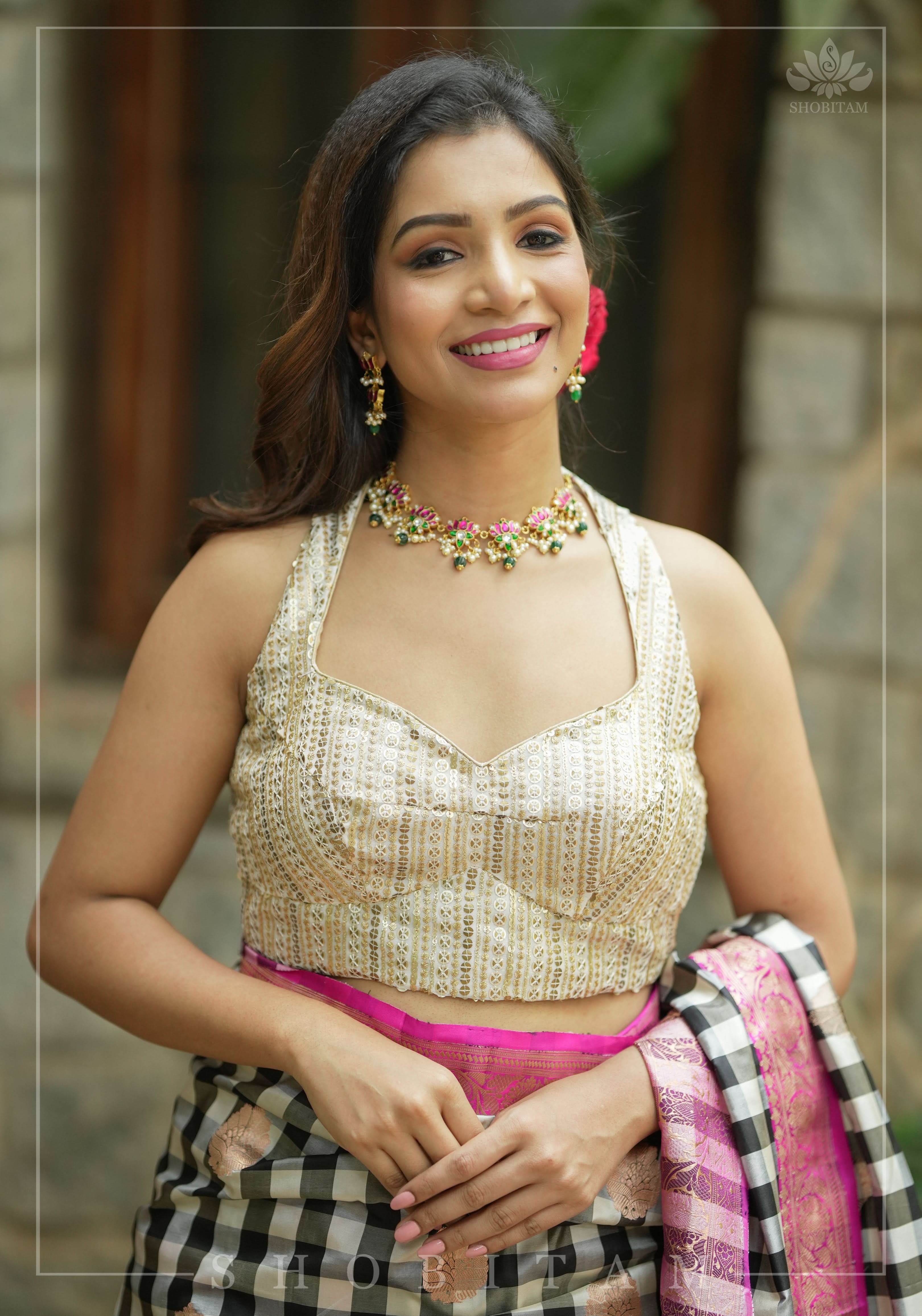 3 Tone sequins, halter neck blouse, mix and match blouse for saree. Made to Order | Shobitam