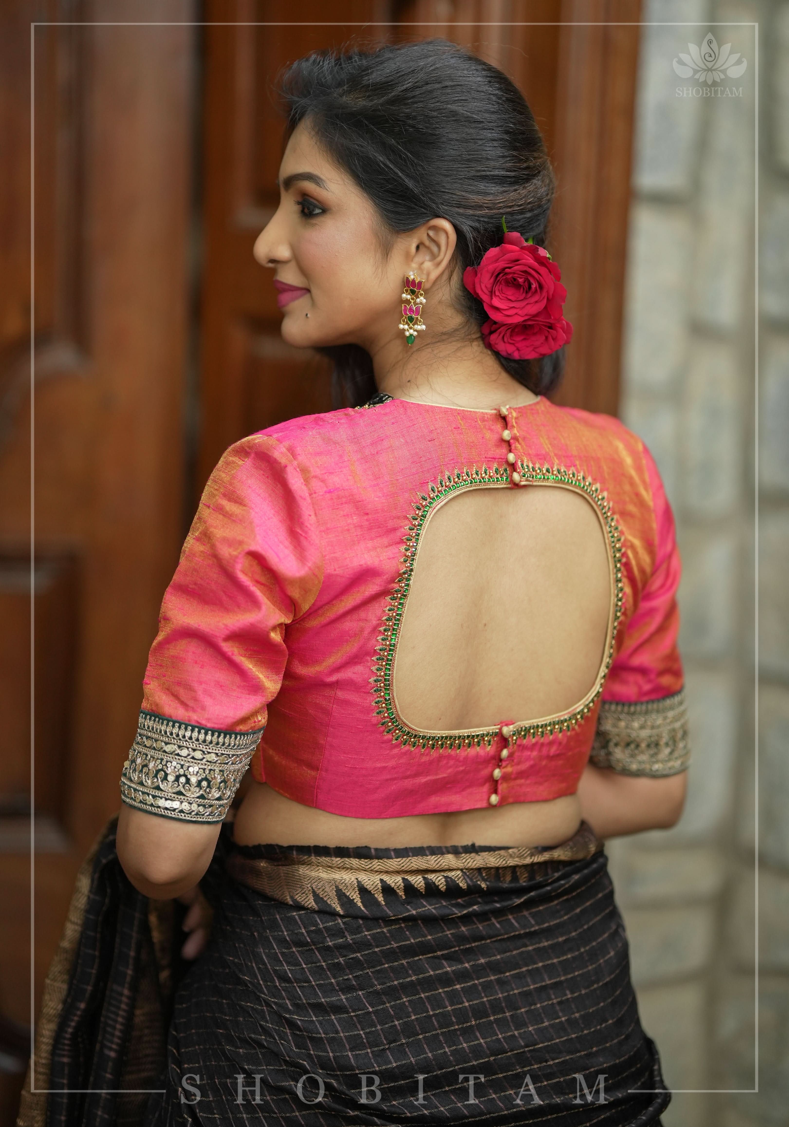 Pure Tissue Raw Silk Pink Blouse with Deep Green Velvet Yoke and Hand Work, Made to Order | Shobitam
