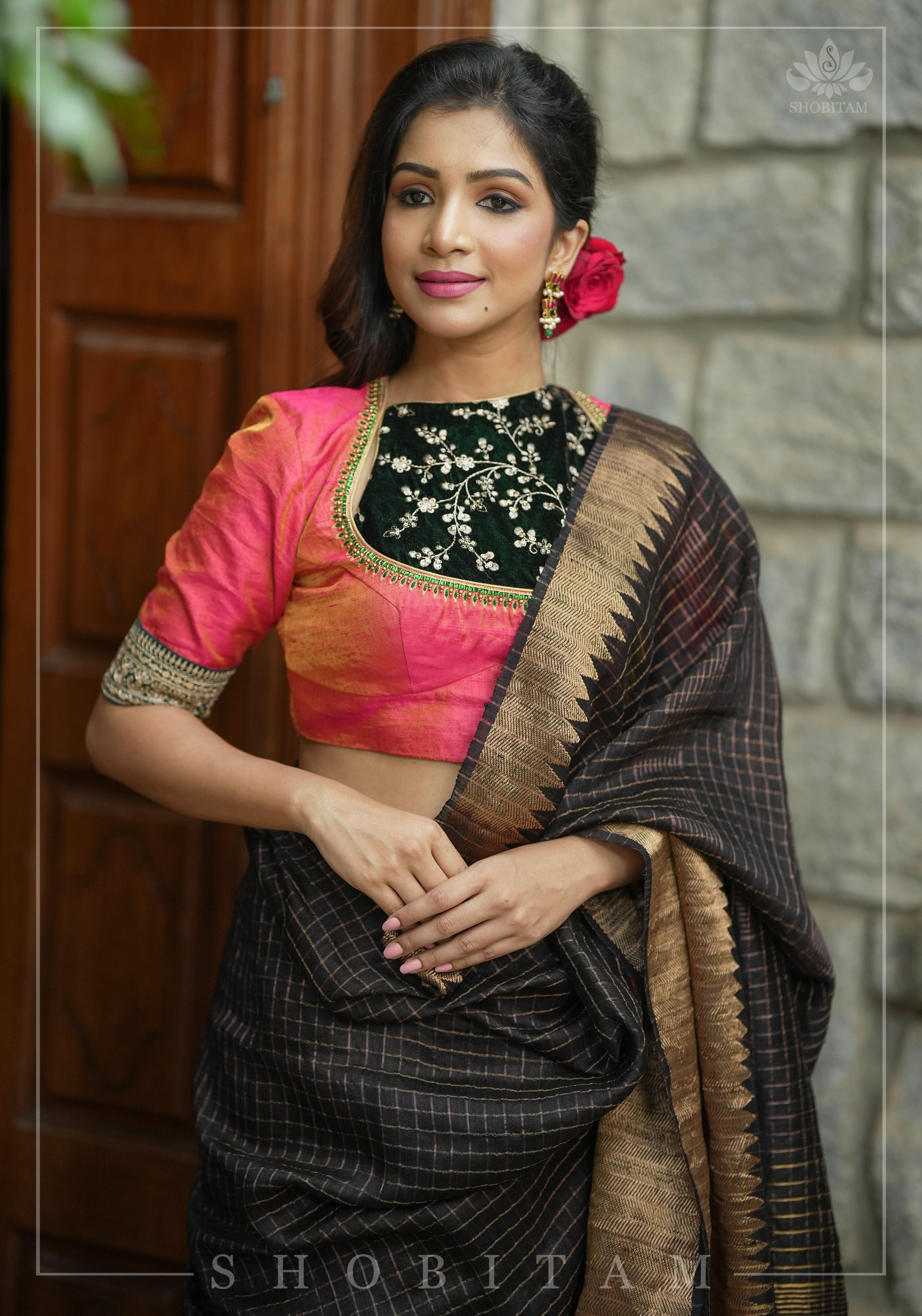 Pure Tissue Raw Silk Pink Blouse with Deep Green Velvet Yoke and Hand Work, Made to Order | Shobitam