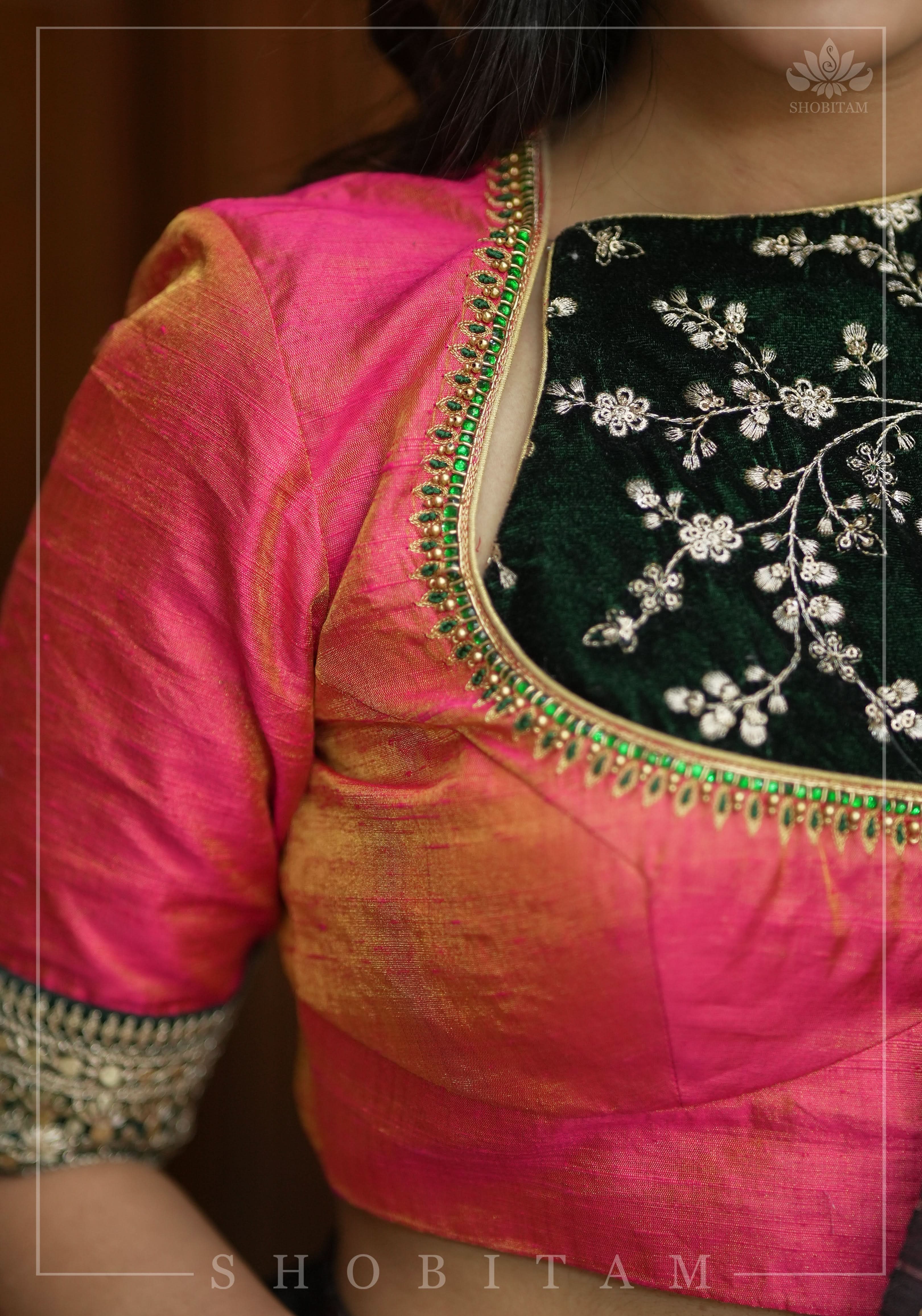 Pure Tissue Raw Silk Pink Blouse with Deep Green Velvet Yoke and Hand Work, Made to Order | Shobitam