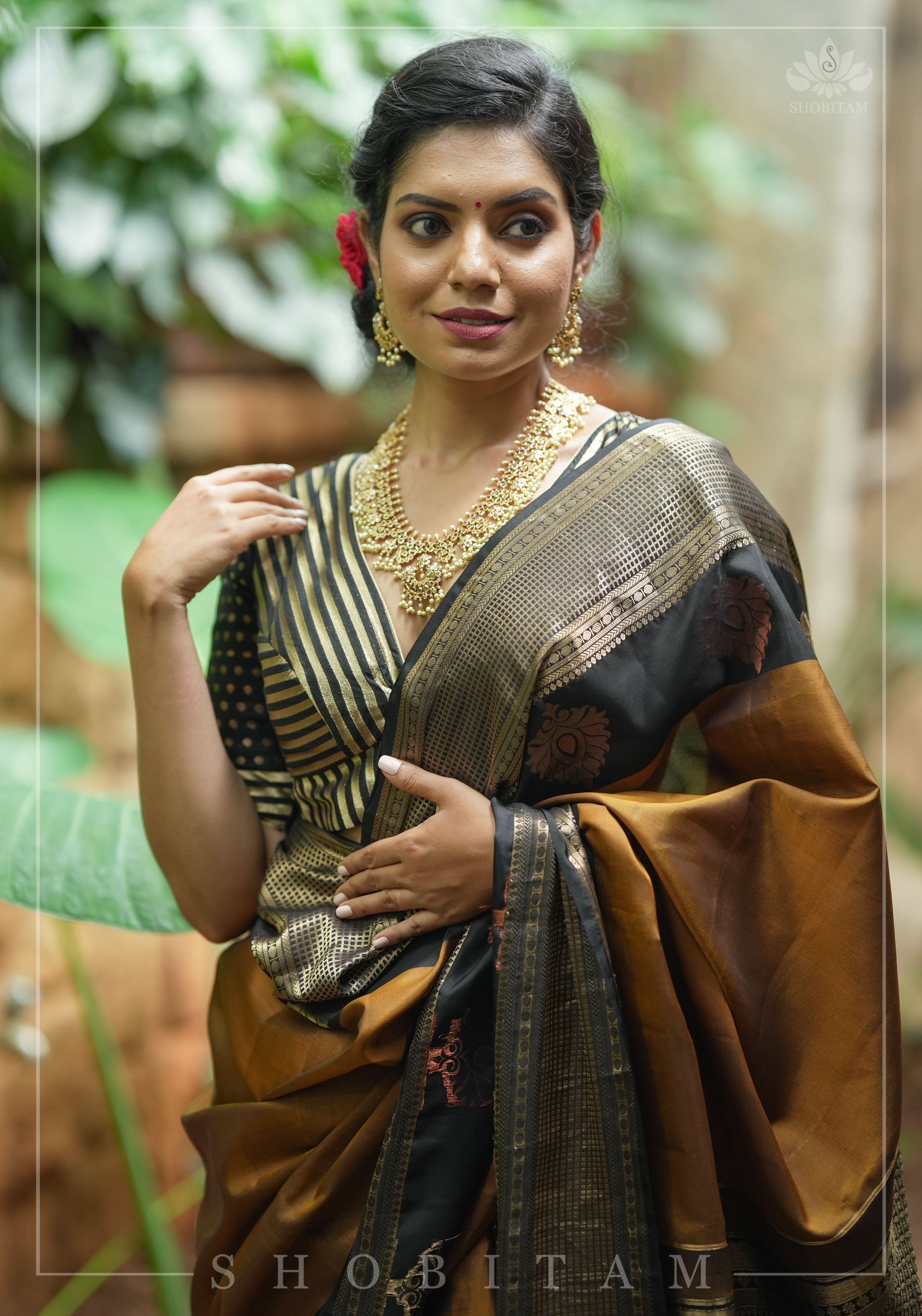 Black and gold stripes and buttas plunge neck mix and match blouse for saree, Made to Order | Shobitam