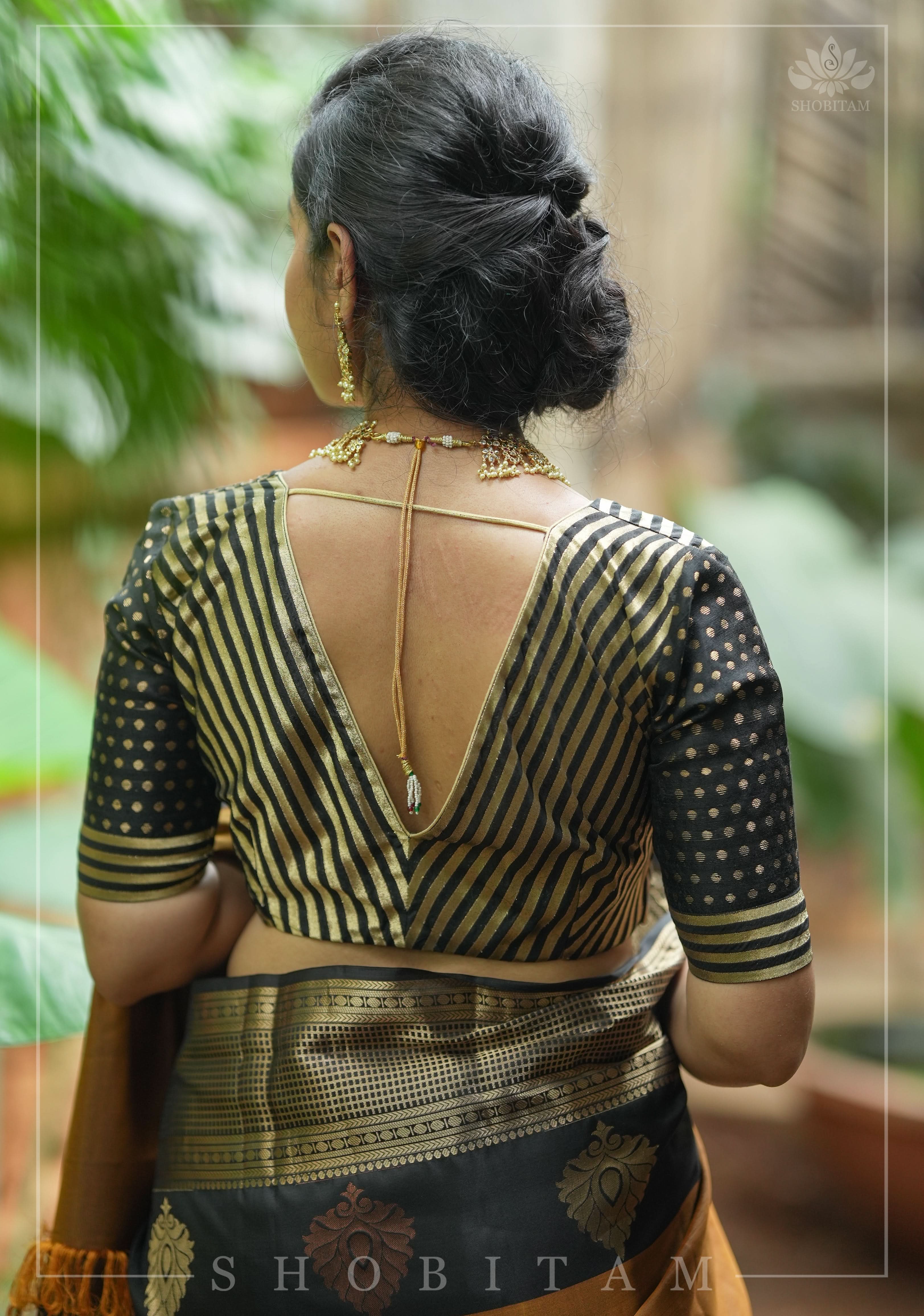 Black and gold stripes and buttas plunge neck mix and match blouse for saree, Made to Order | Shobitam