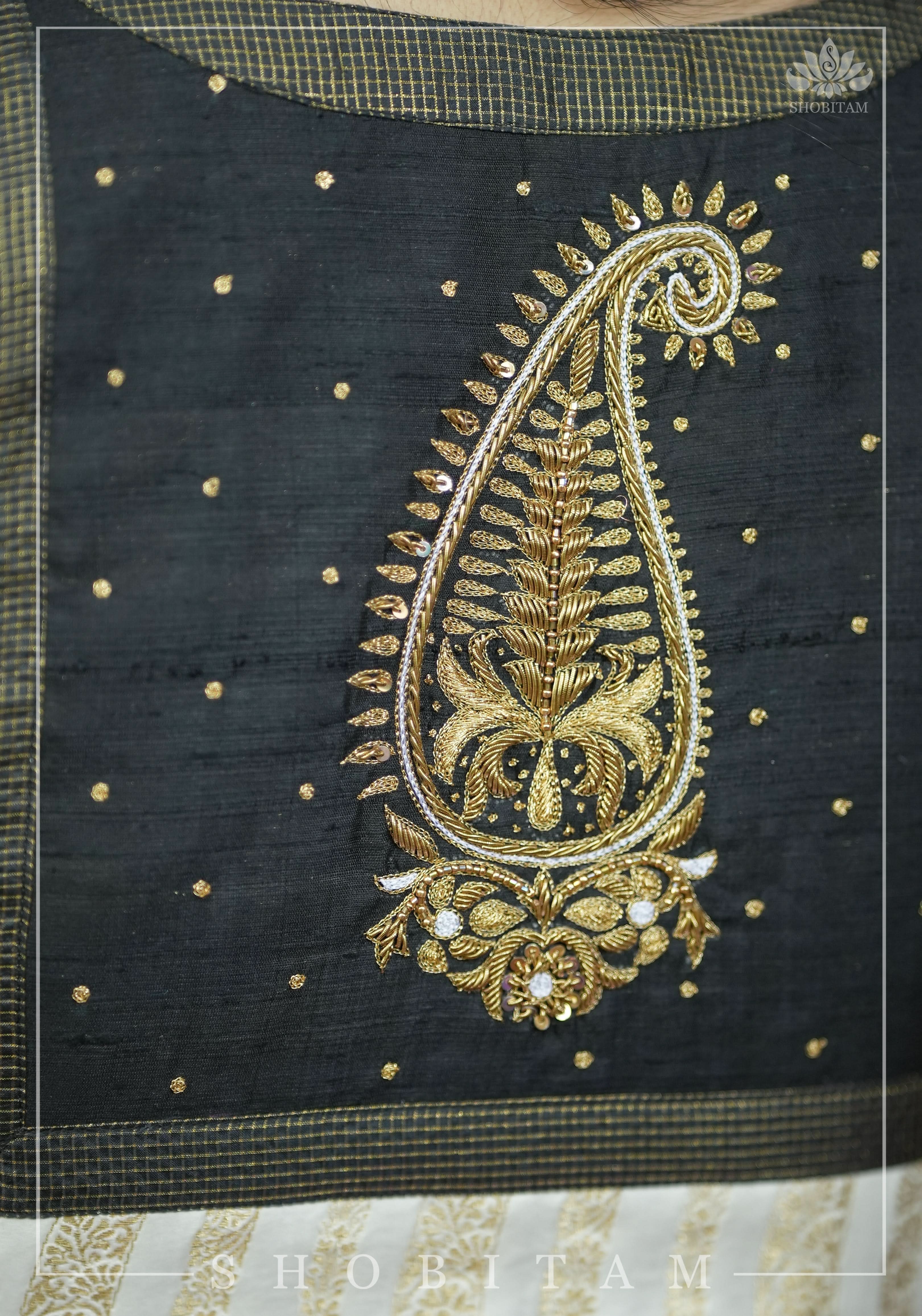 Ivory and Black Bandgala & Full sleeves blouse with Paisley Zardosi Hand embroidery, Made to Order | Shobitam
