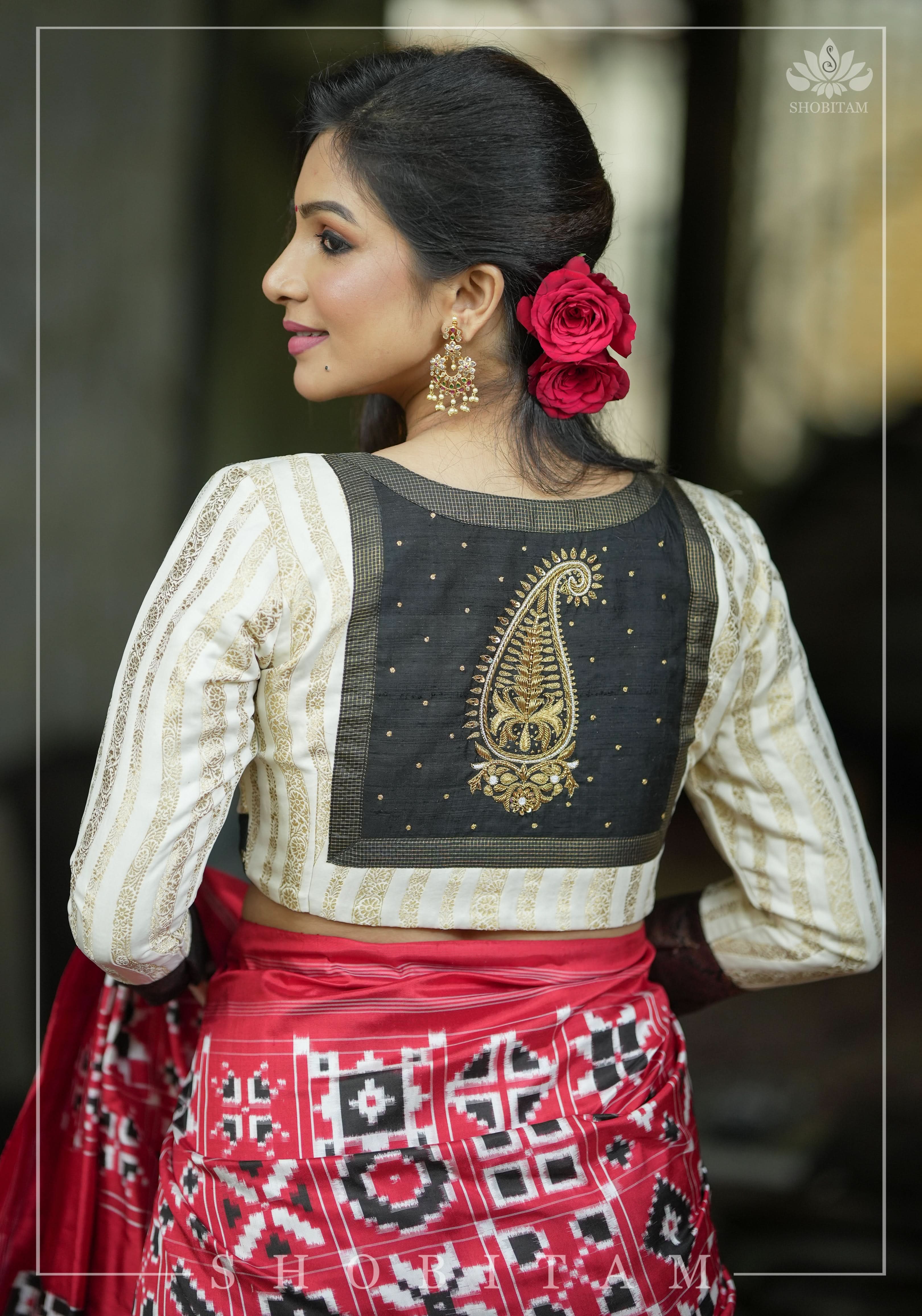 Ivory and Black Bandgala & Full sleeves blouse with Paisley Zardosi Hand embroidery, Made to Order | Shobitam