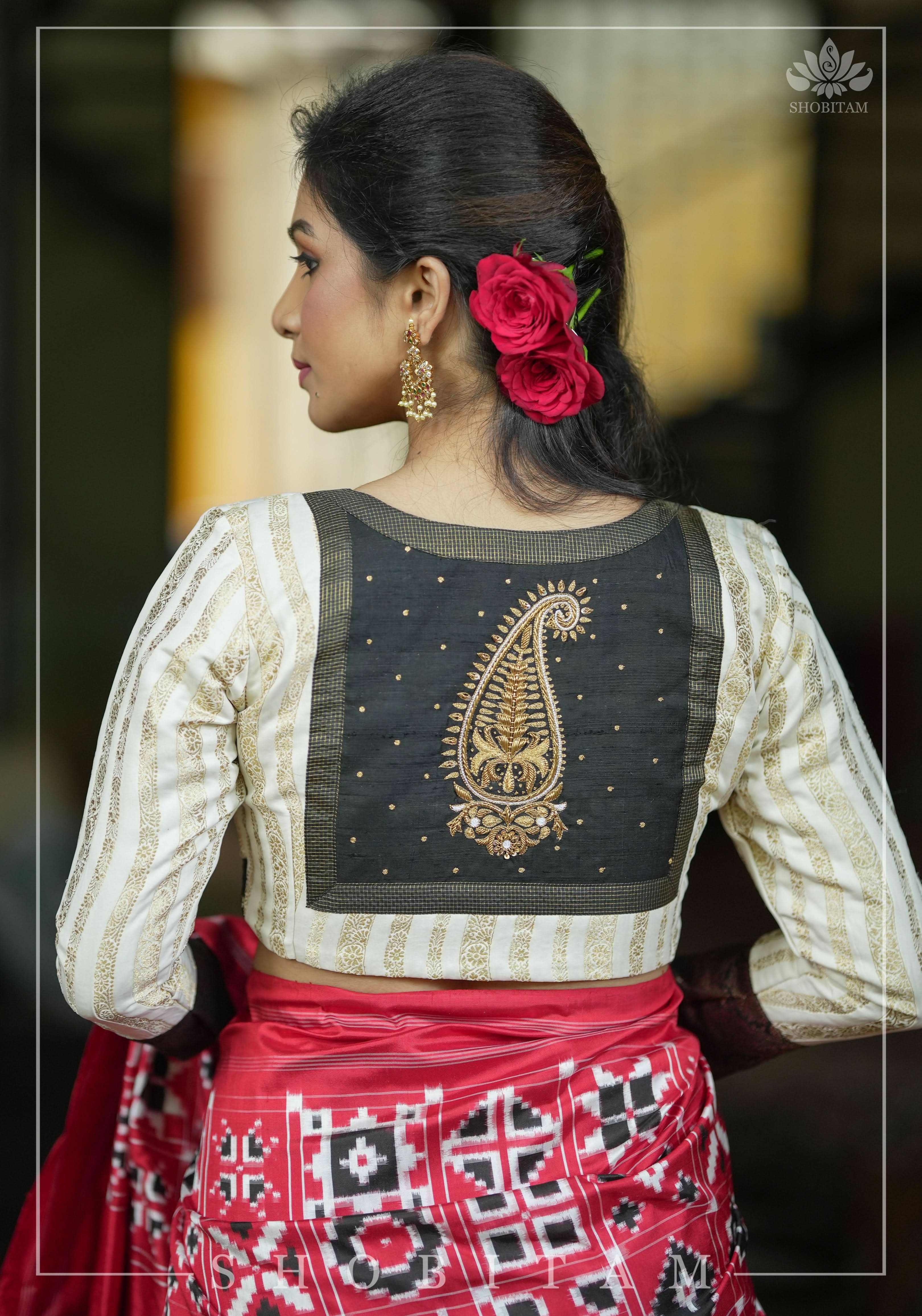 Ivory and Black Bandgala & Full sleeves blouse with Paisley Zardosi Hand embroidery, Made to Order | Shobitam