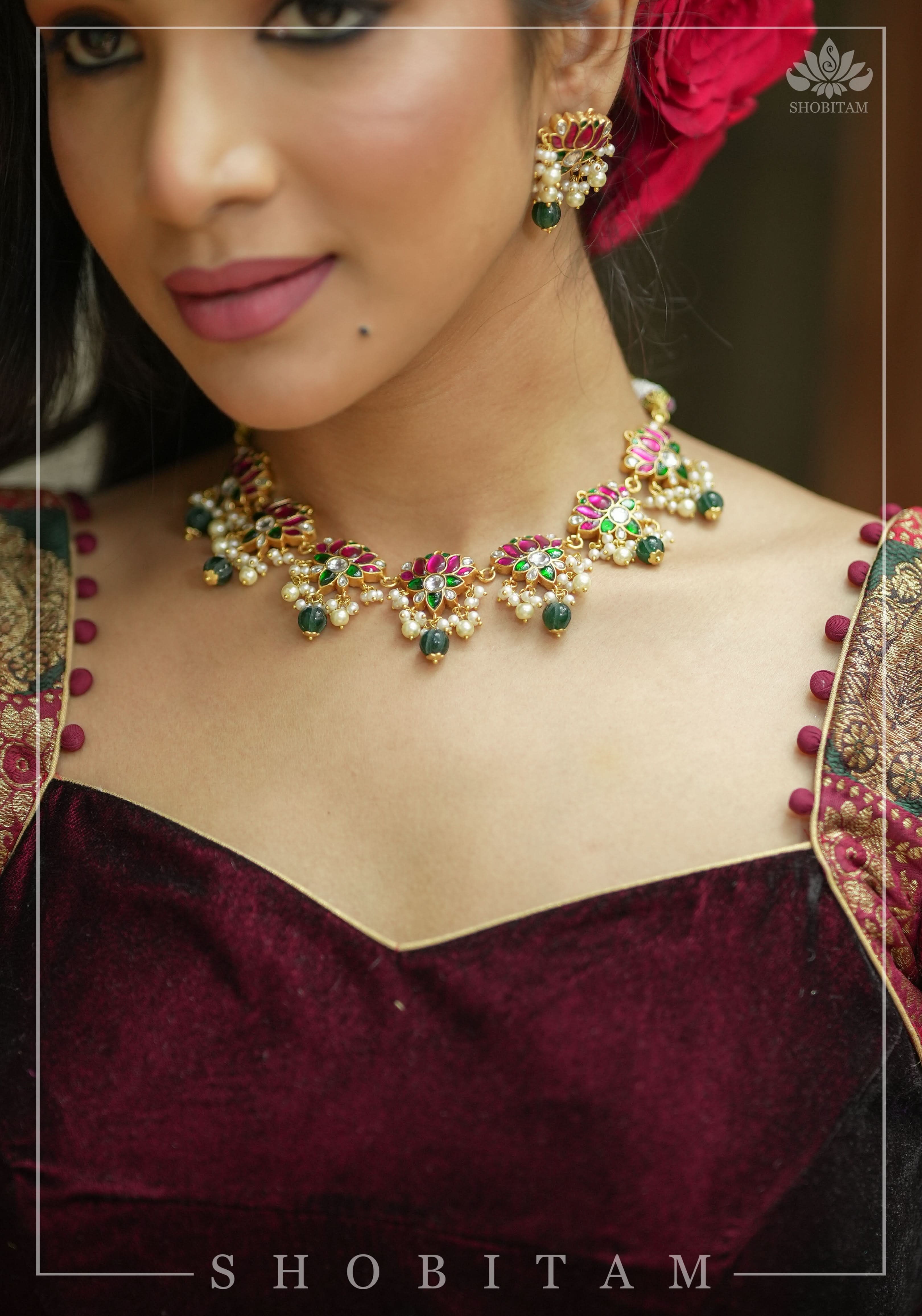 Burgundy Velvet and Banarasi brocade Sweetheart neck blouse, with potli button detailing on neckline, Made to Order | Shobitam