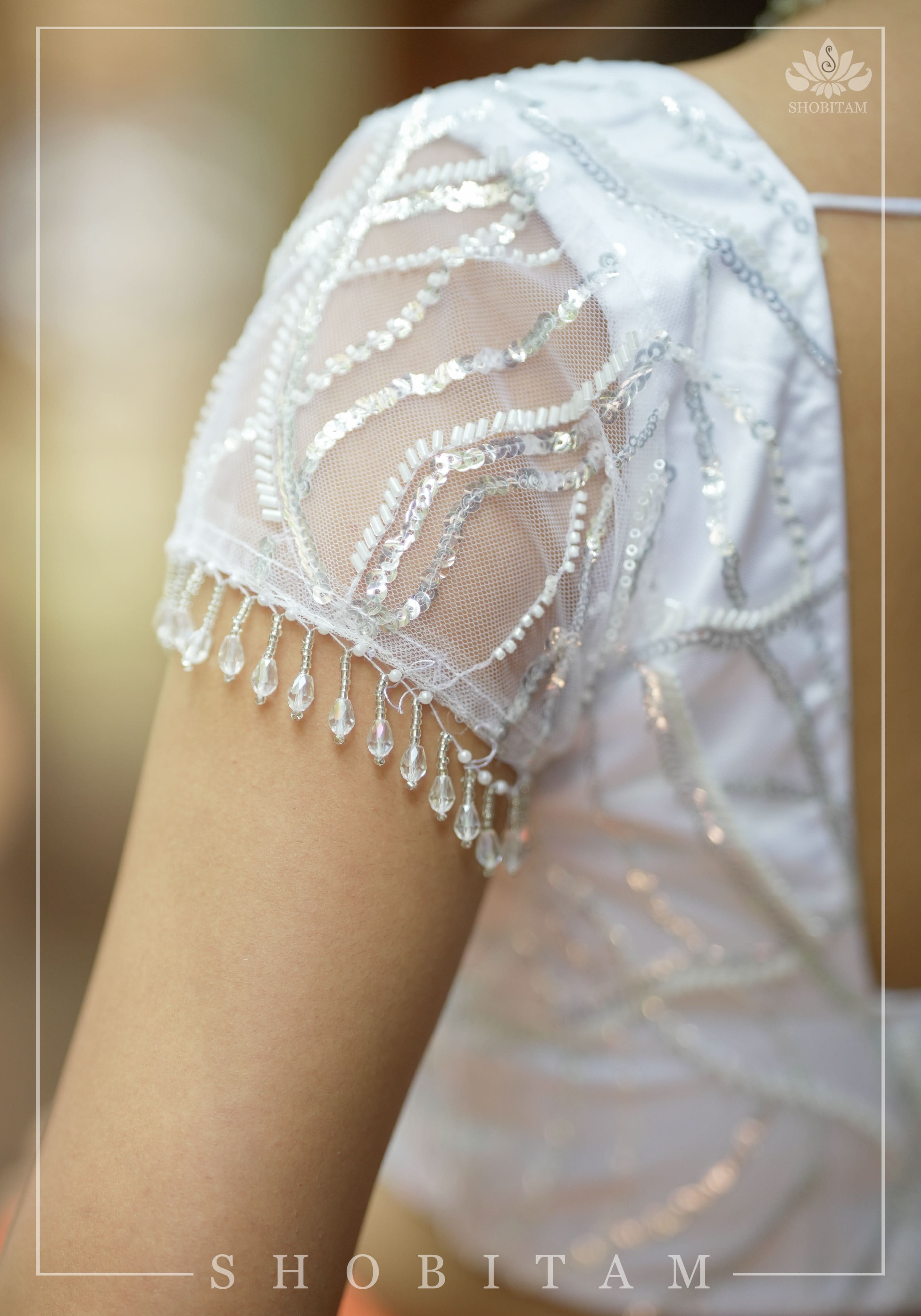 White sequin blouse with pleated net detailing, Mix and match blouse for saree, Made to Order | Shobitam