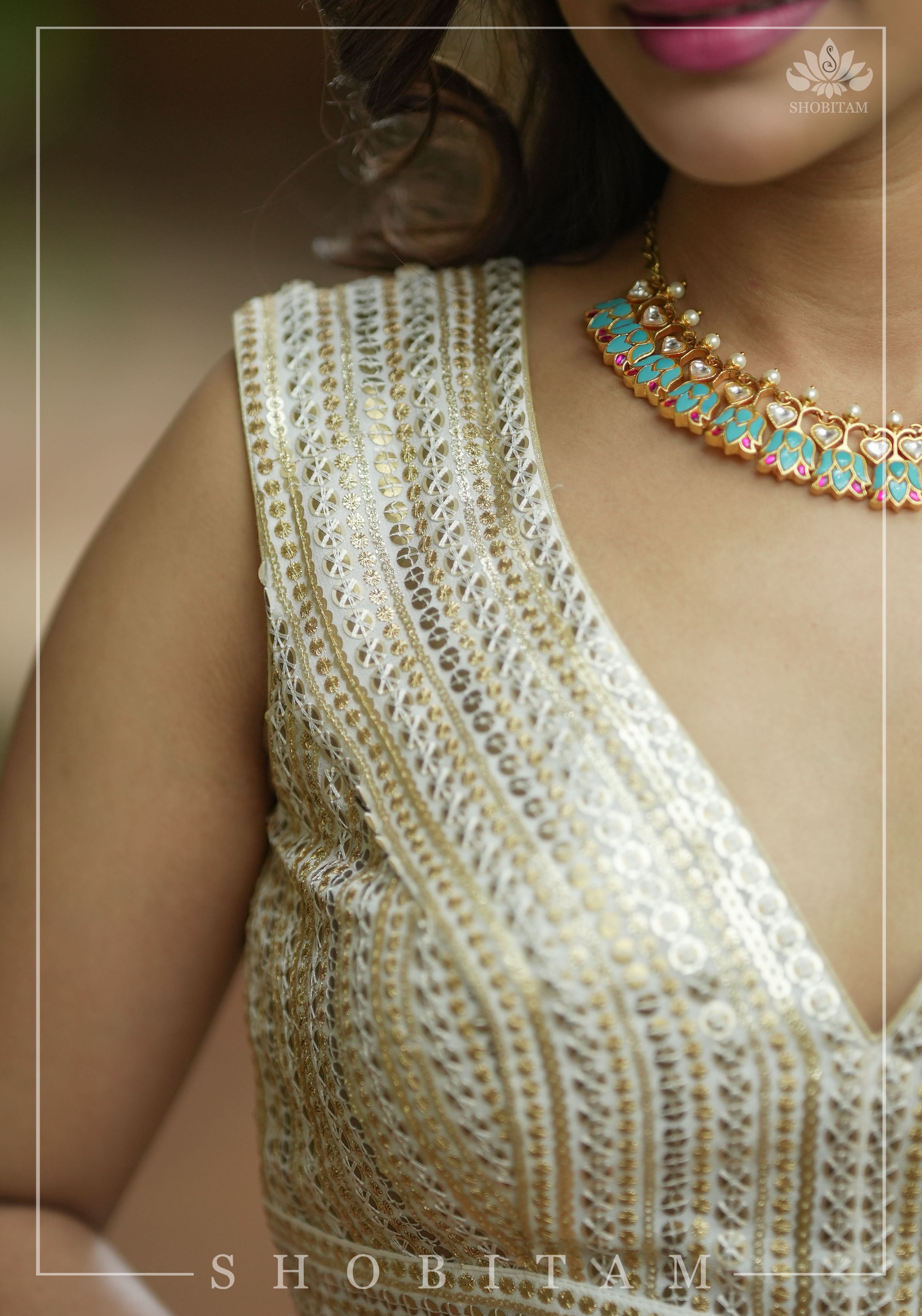 3 Tone sequins, Curved V sleeveless blouse, sleeve option possible, Made to Order | Shobitam