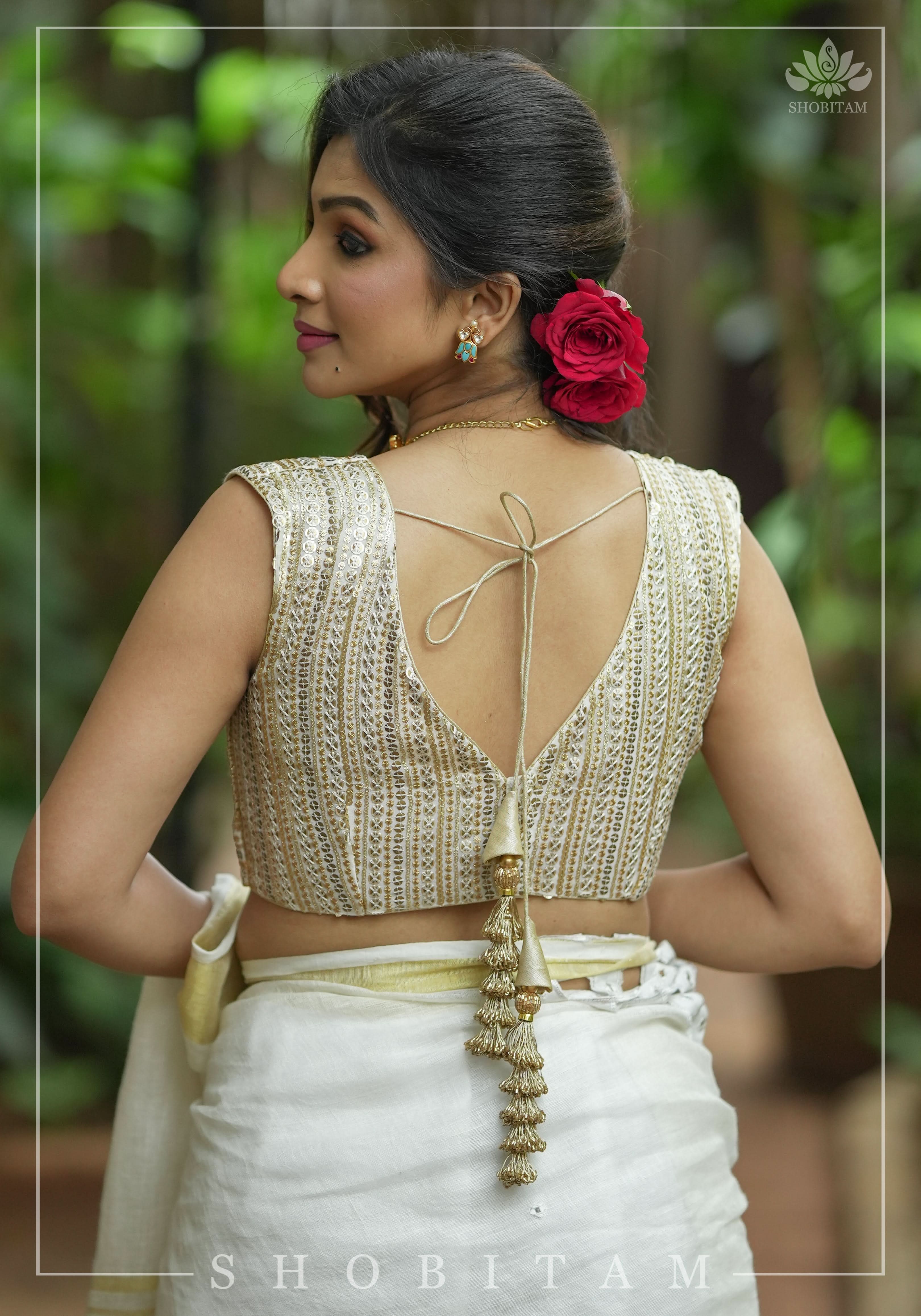 3 Tone sequins, Curved V sleeveless blouse, sleeve option possible, Made to Order | Shobitam