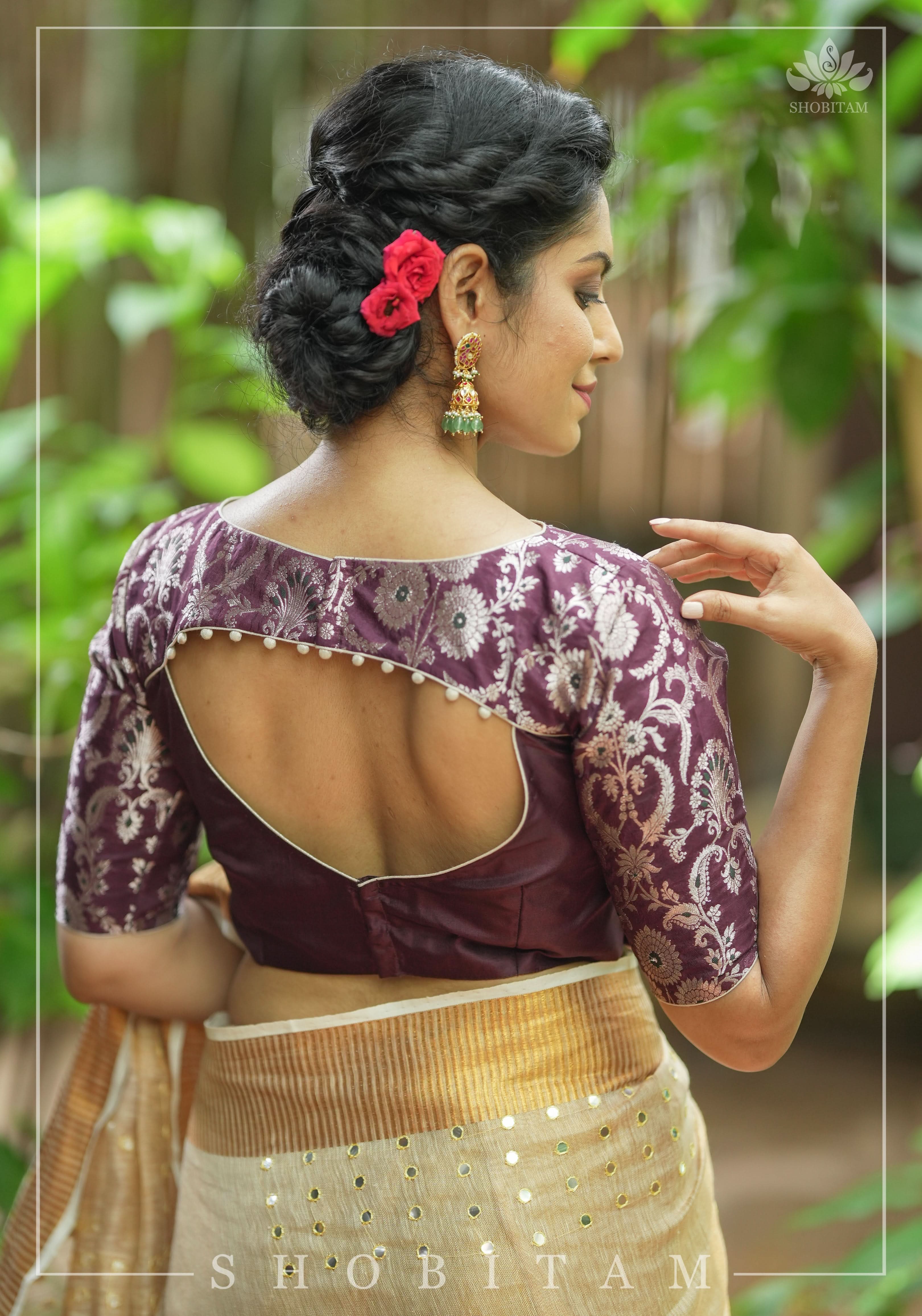 Maroon Silk with Banarasi Silver brocade Yoke with cutout design mix and match blouse for saree, Made to Order | Shobitam