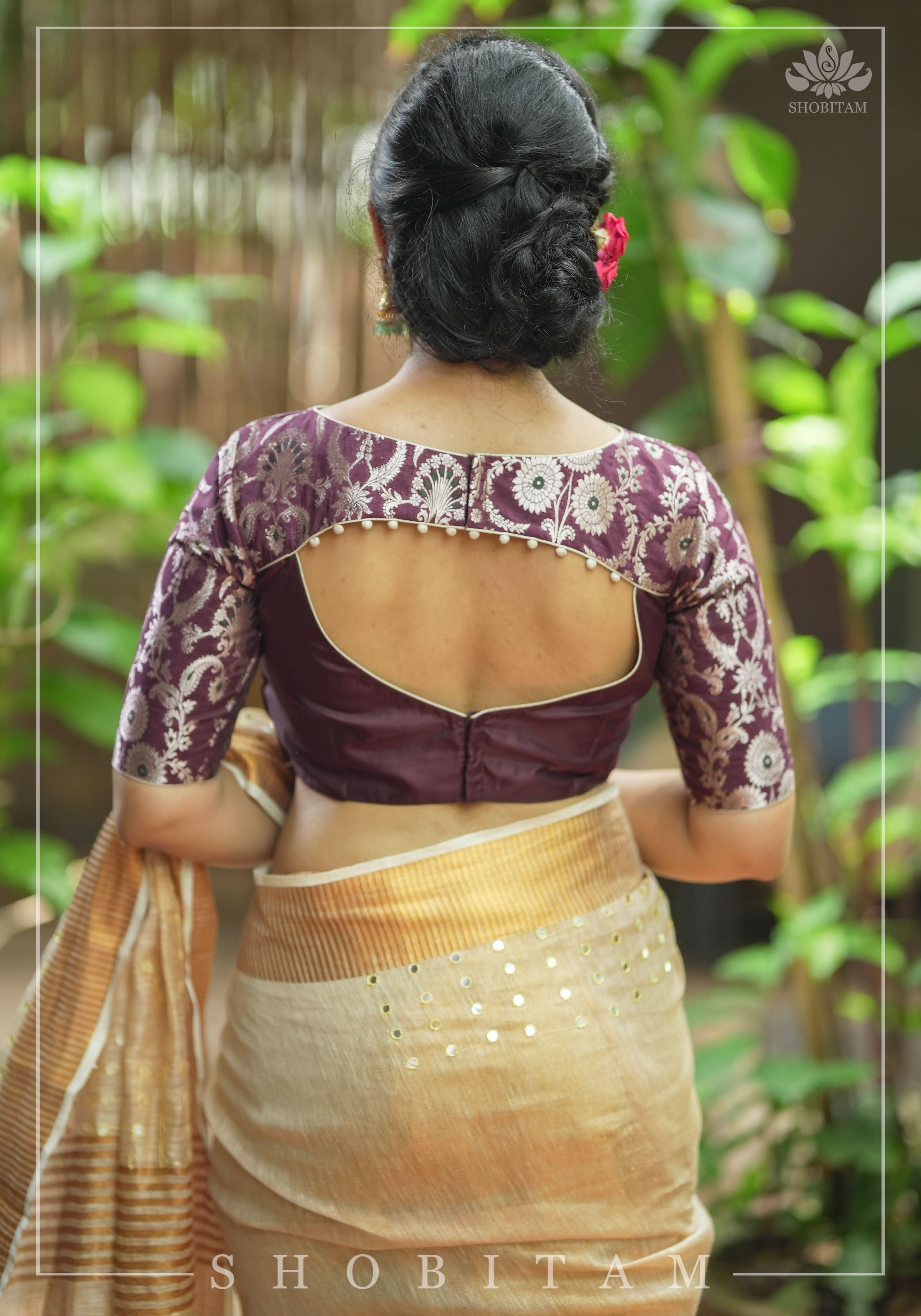 Maroon Silk with Banarasi Silver brocade Yoke with cutout design mix and match blouse for saree, Made to Order | Shobitam