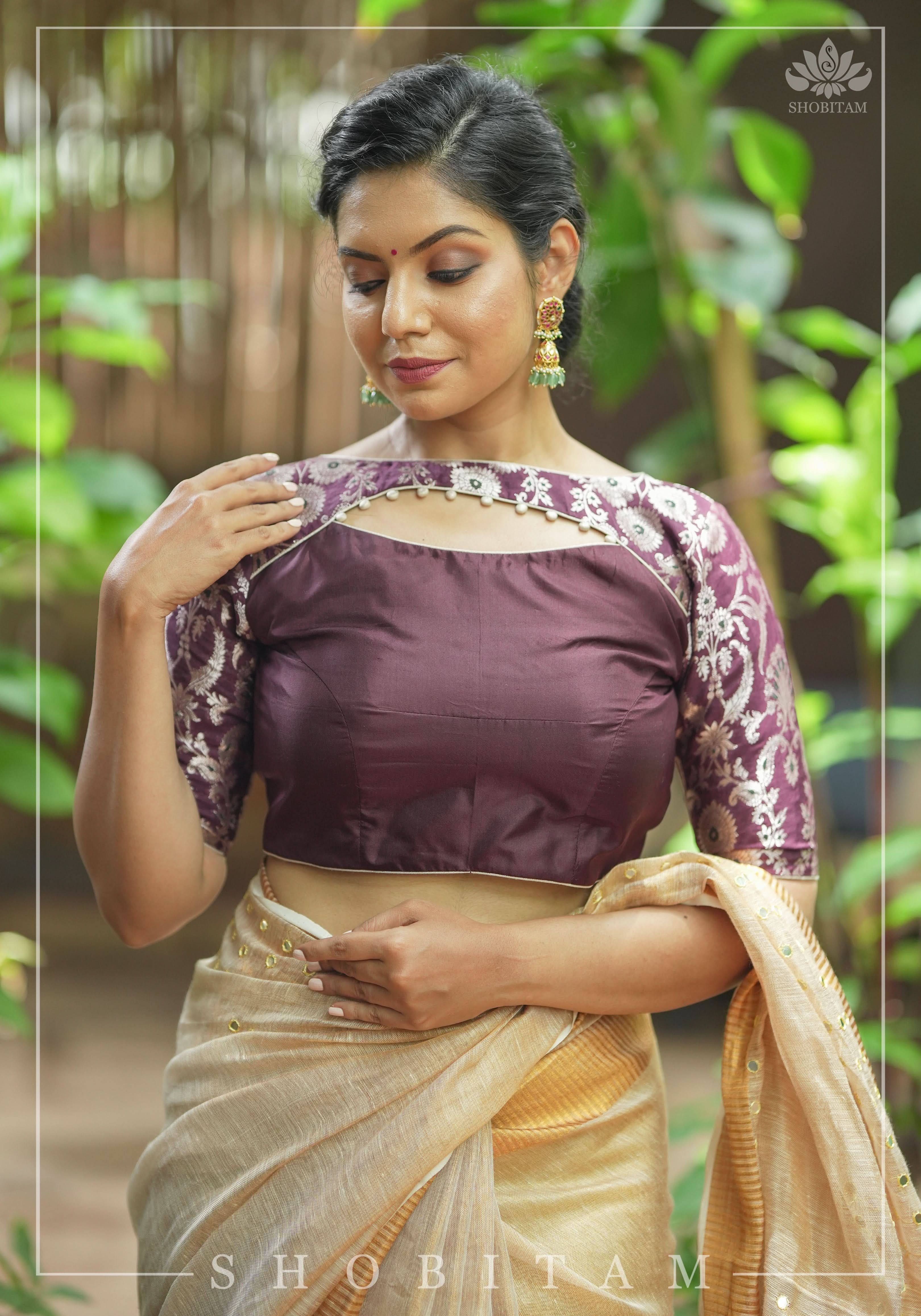 Maroon Silk with Banarasi Silver brocade Yoke with cutout design mix and match blouse for saree, Made to Order | Shobitam
