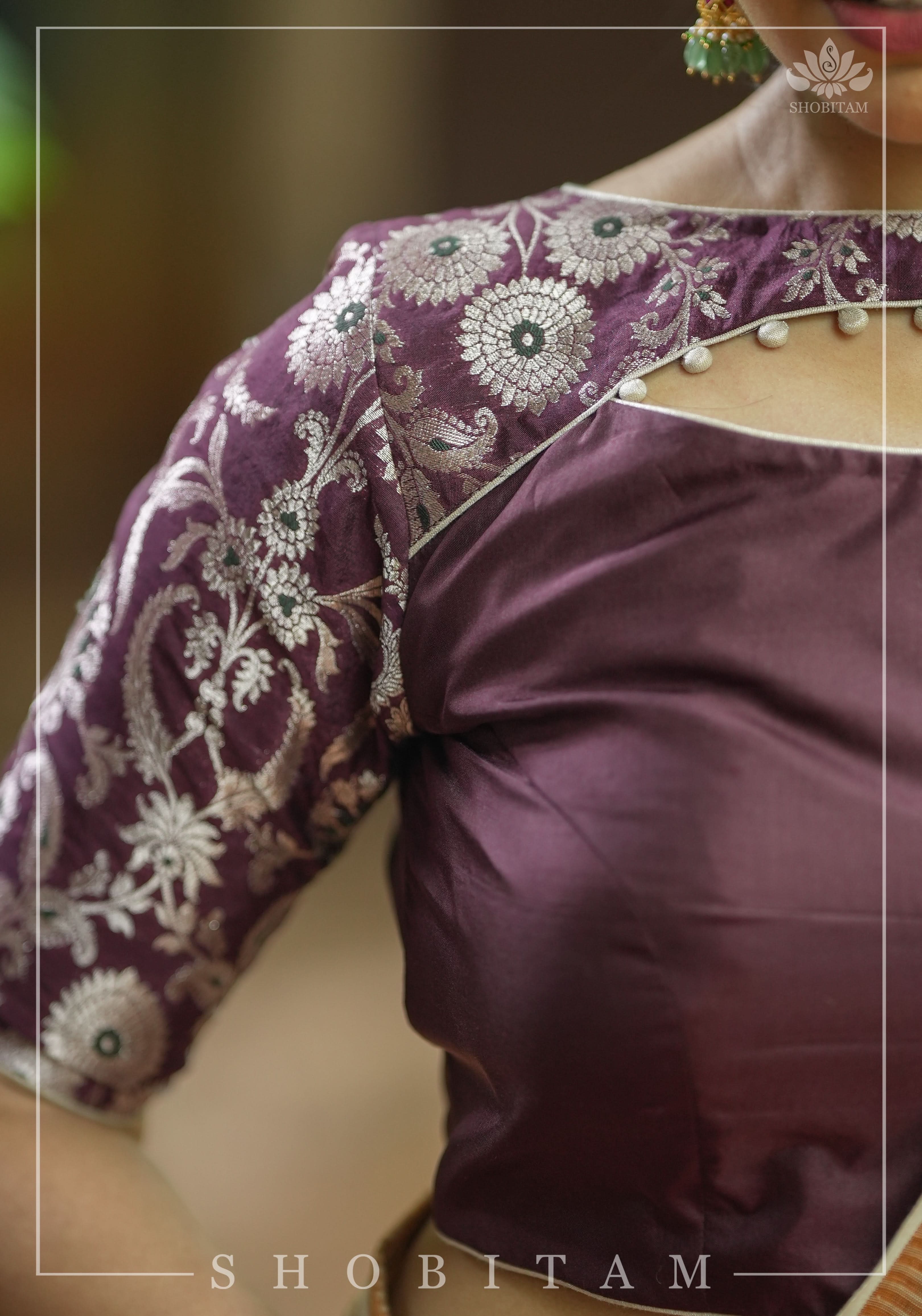 Maroon Silk with Banarasi Silver brocade Yoke with cutout design mix and match blouse for saree, Made to Order | Shobitam