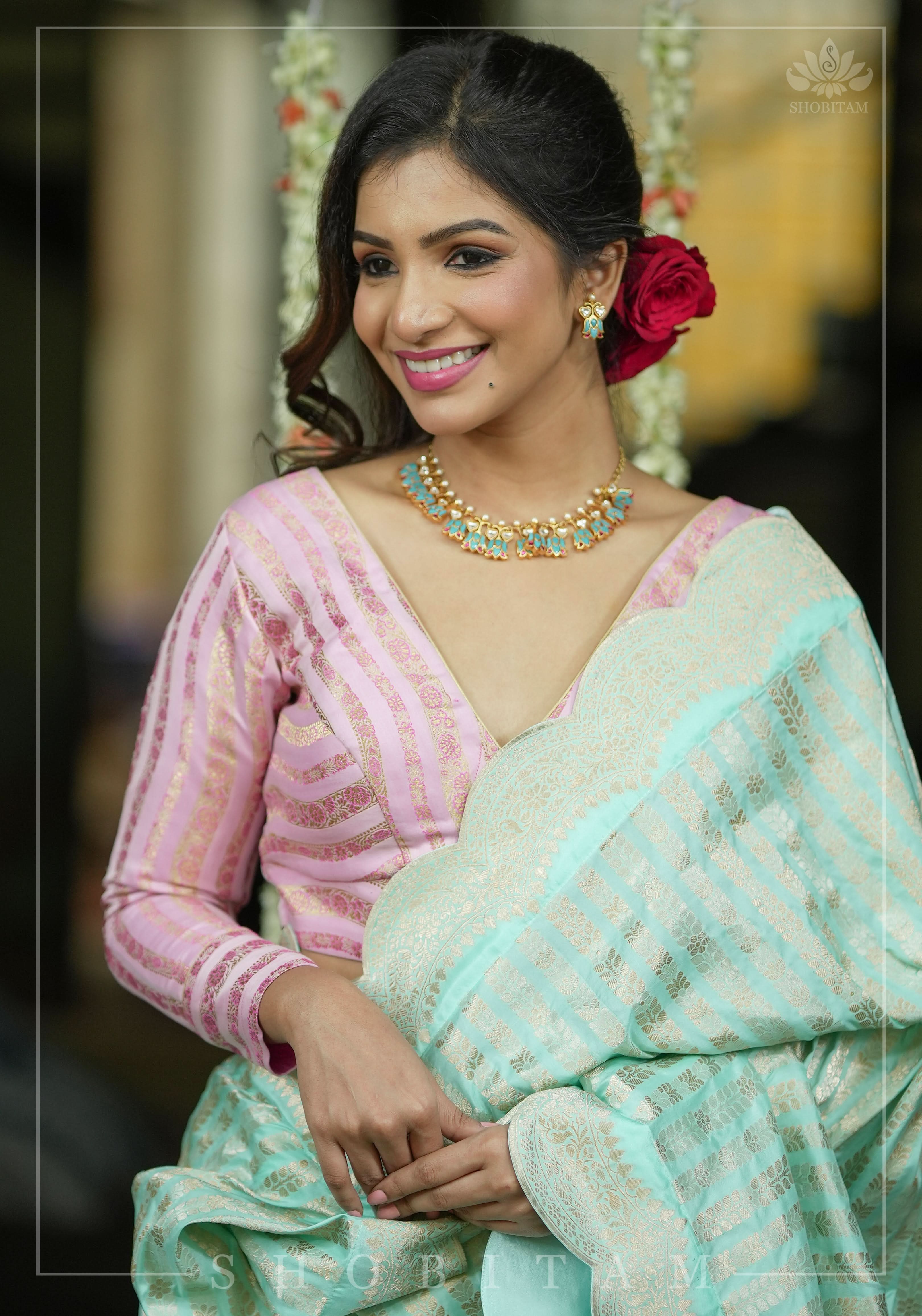 Thistle Banarasi brocade Stripes plunge neck blouse with full sleeves and Lakshmi jewel detailing, Made to Order | Shobitam