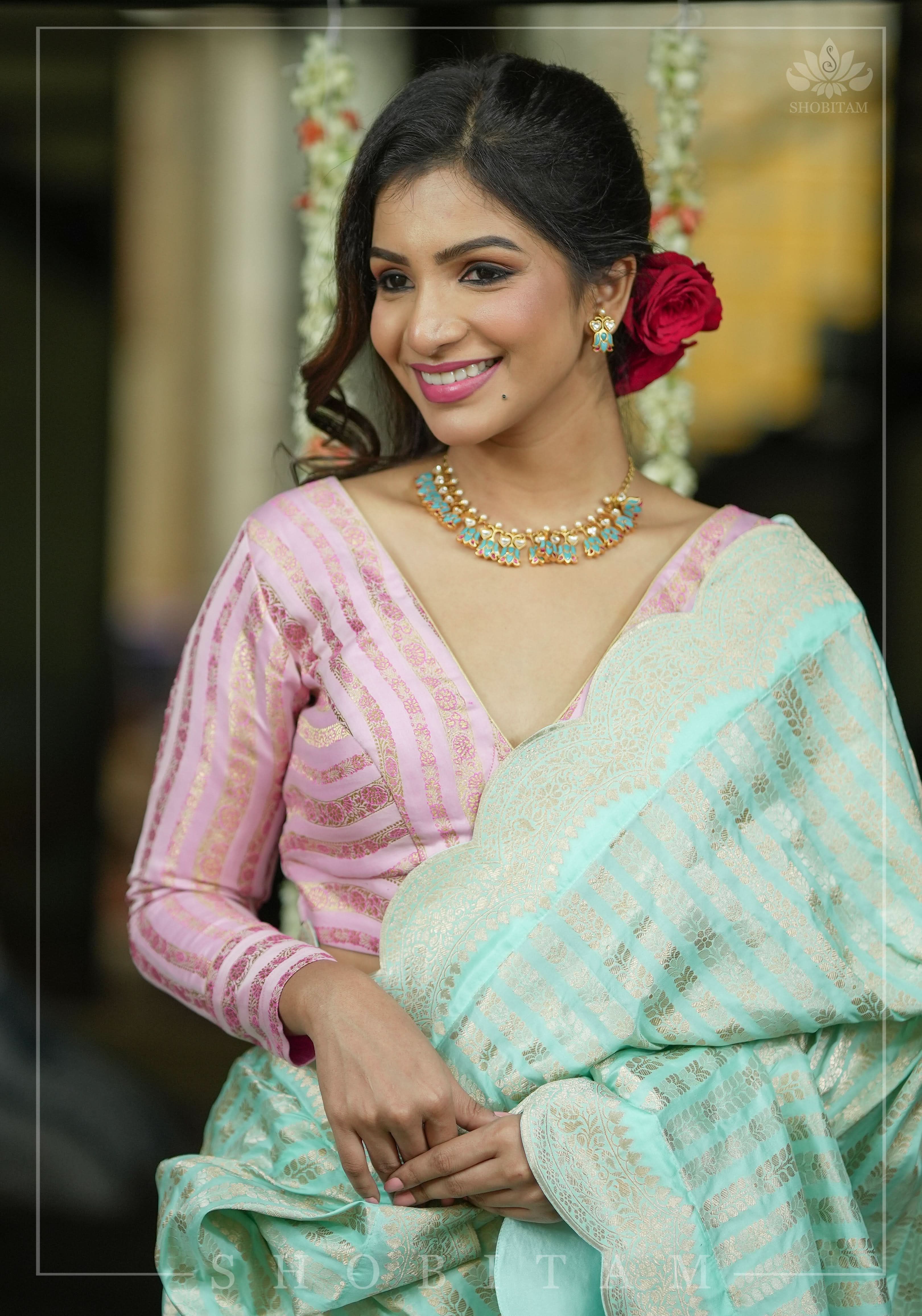 Thistle Banarasi brocade Stripes plunge neck blouse with full sleeves and Lakshmi jewel detailing, Made to Order | Shobitam