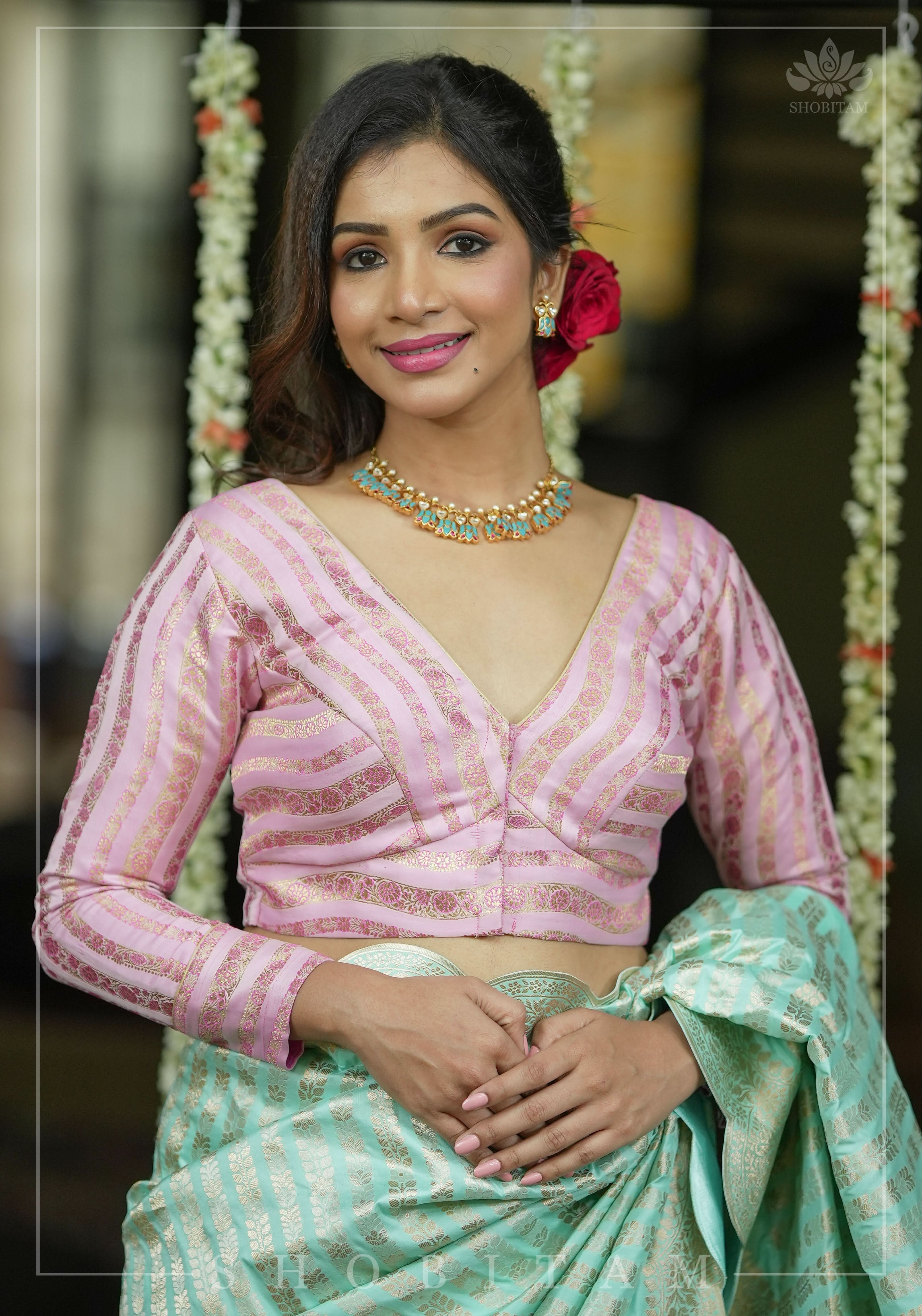 Thistle Banarasi brocade Stripes plunge neck blouse with full sleeves and Lakshmi jewel detailing, Made to Order | Shobitam