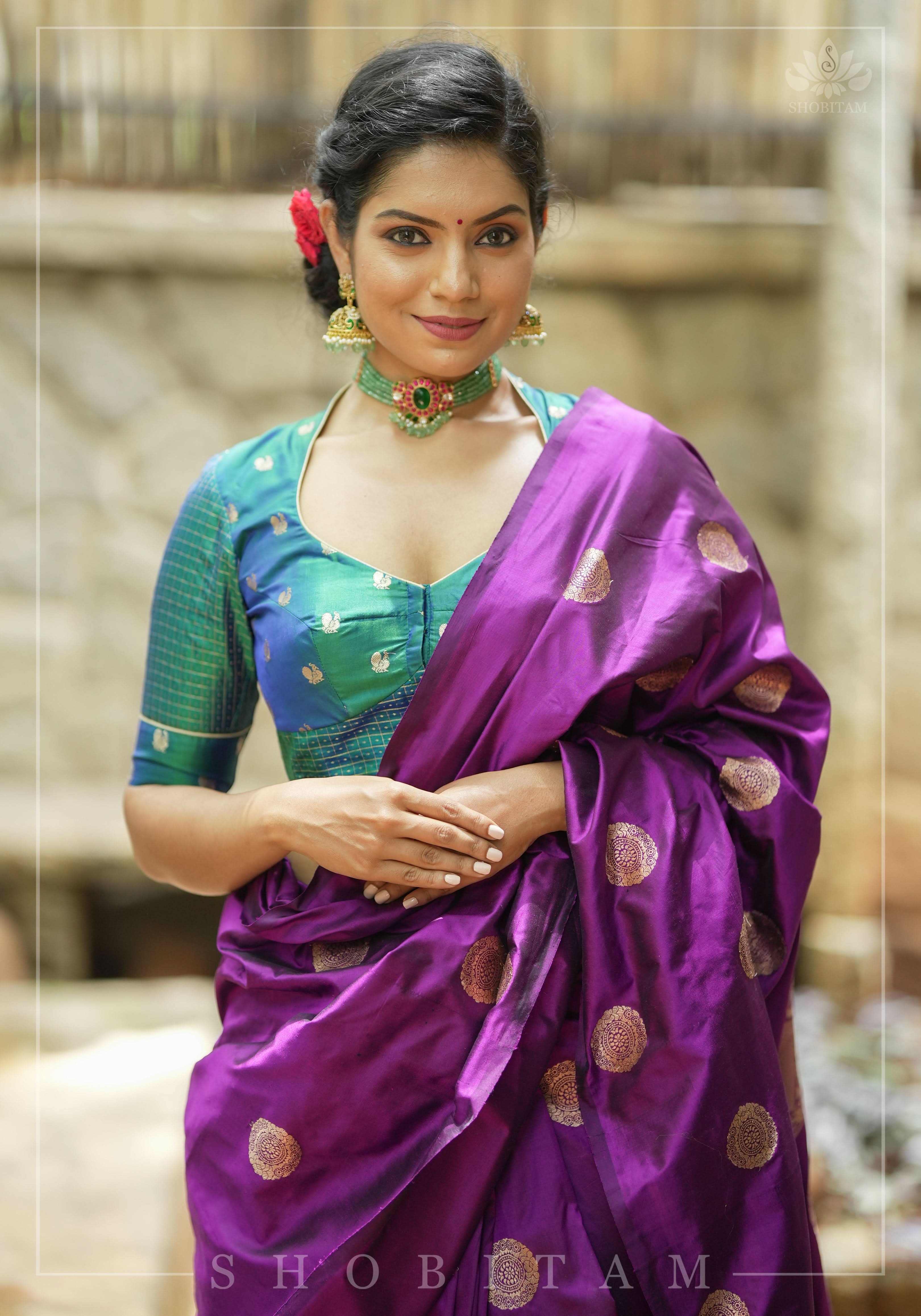 Pure Kanjivaram Silk Peacock Butti and checks Matka Neck Mix and Match Blouse for saree, Made to Order | Shobitam