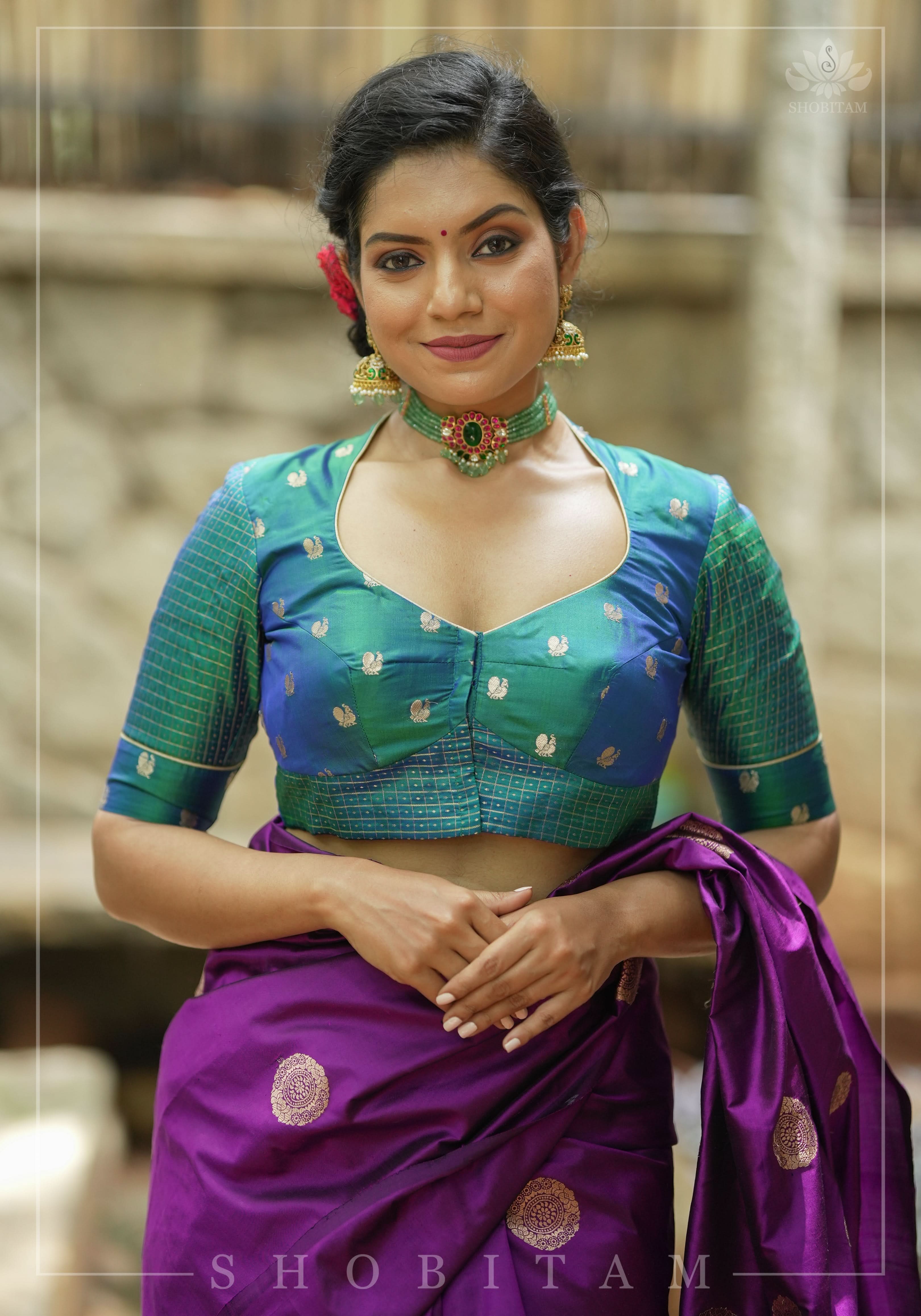 Pure Kanjivaram Silk Peacock Butti and checks Matka Neck Mix and Match Blouse for saree, Made to Order | Shobitam