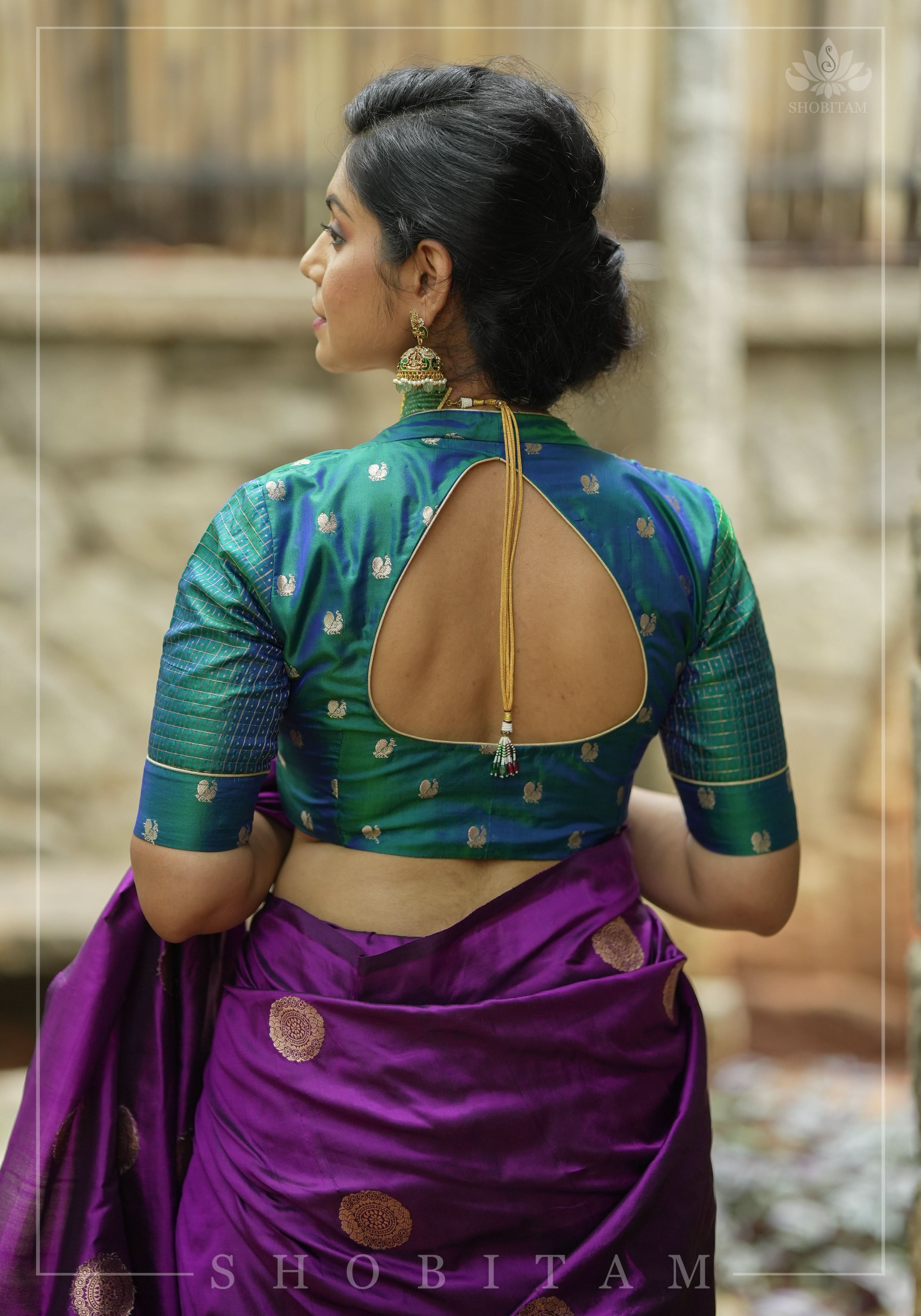 Pure Kanjivaram Silk Peacock Butti and checks Matka Neck Mix and Match Blouse for saree, Made to Order | Shobitam