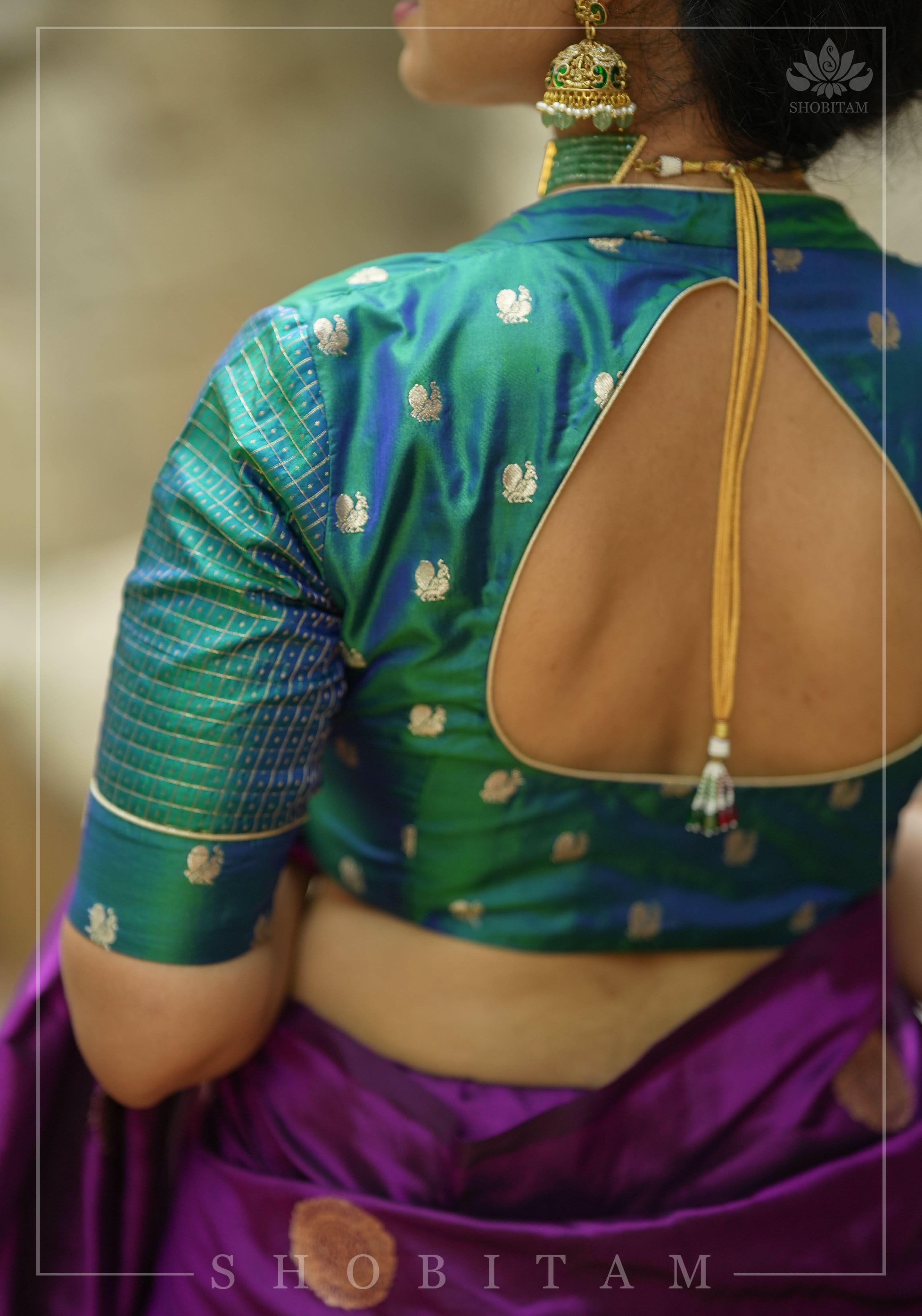 Pure Kanjivaram Silk Peacock Butti and checks Matka Neck Mix and Match Blouse for saree, Made to Order | Shobitam