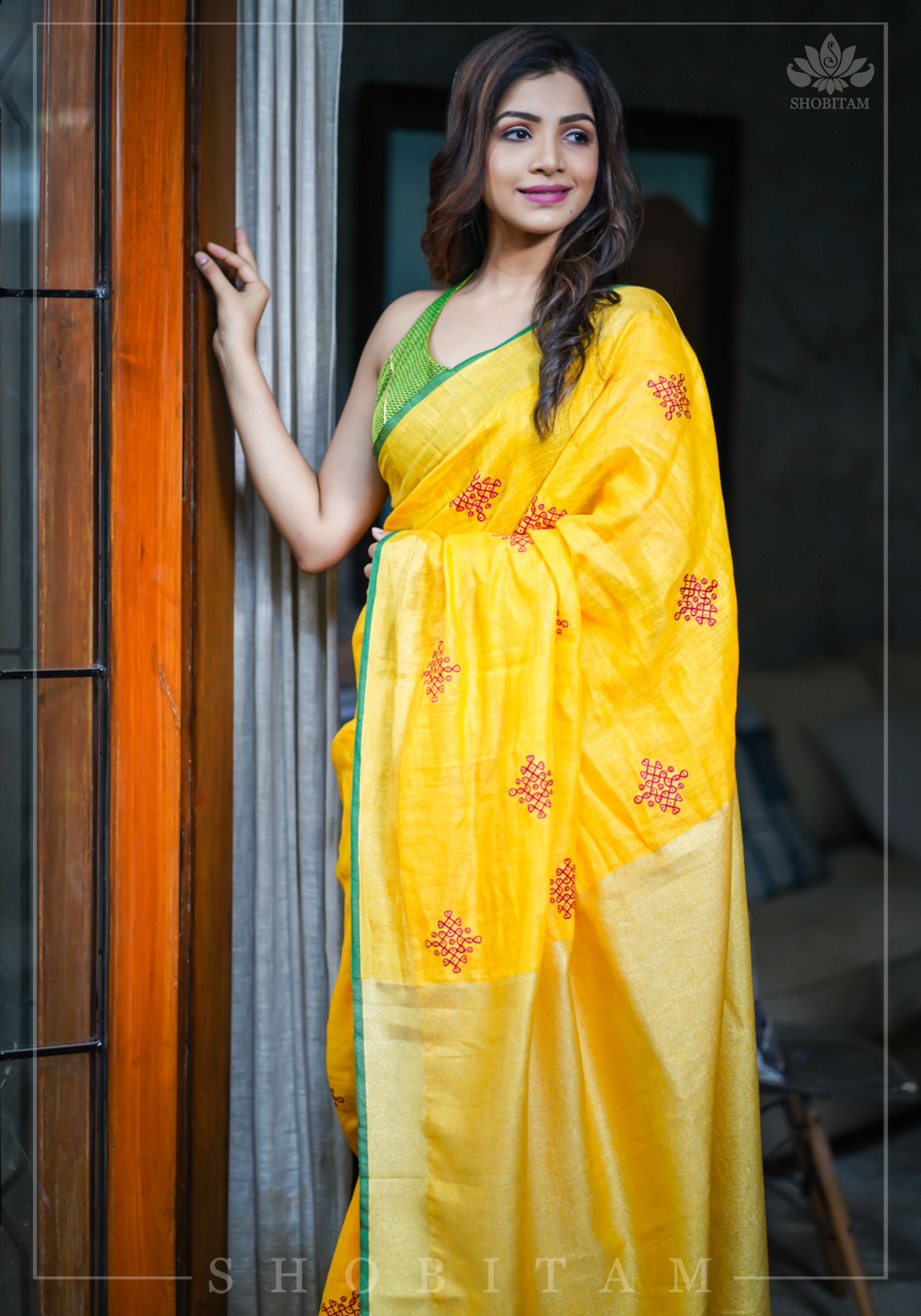 Shobitam Exclusive - Rangoli Embroidered Border on Pure Linen by Linen Saree in Yellow, Gold and Green