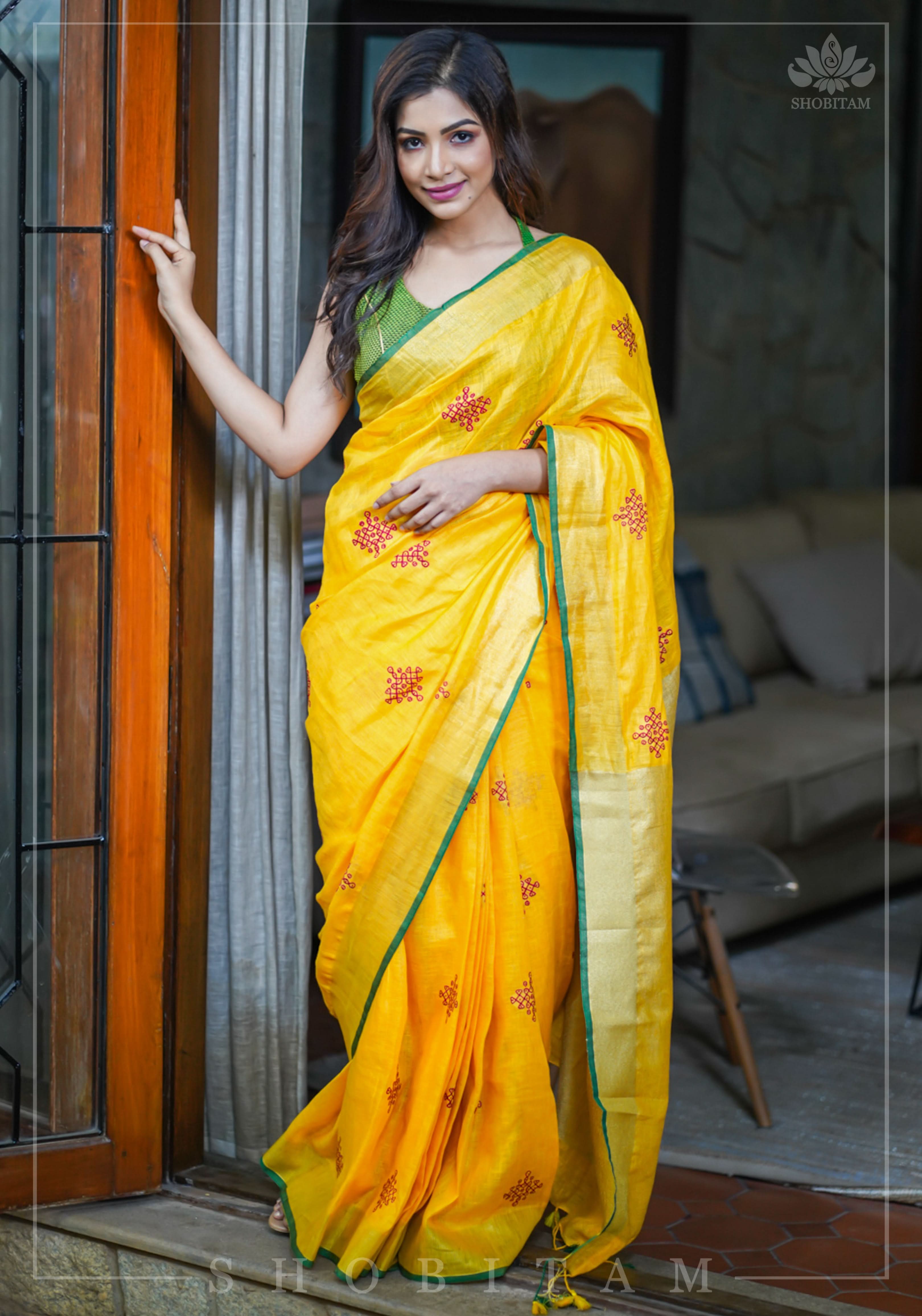 Shobitam Exclusive - Rangoli Embroidered Border on Pure Linen by Linen Saree in Yellow, Gold and Green