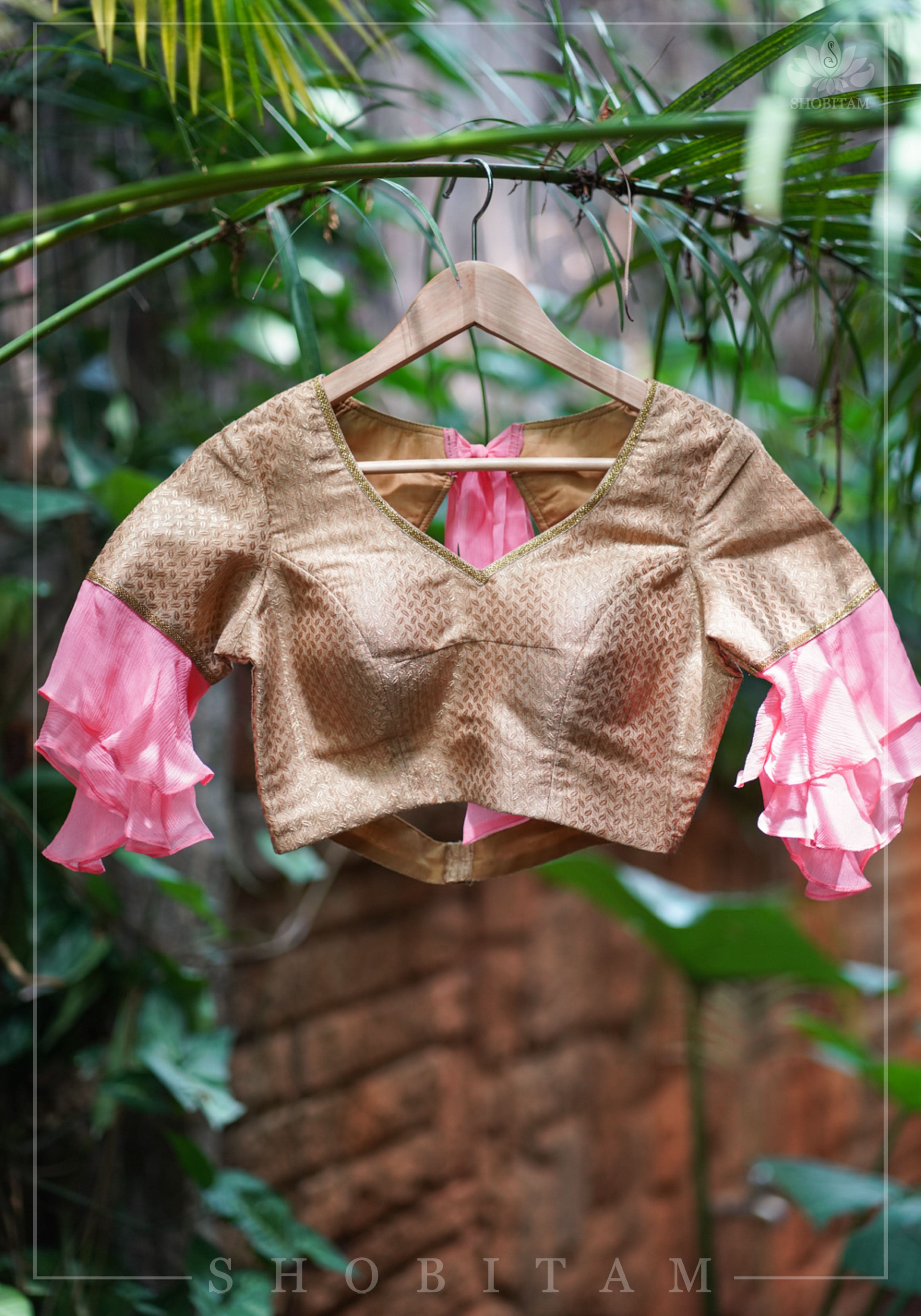 Gold brocade & peach pink chiffon ruffle V neck blouse | Shobitam
