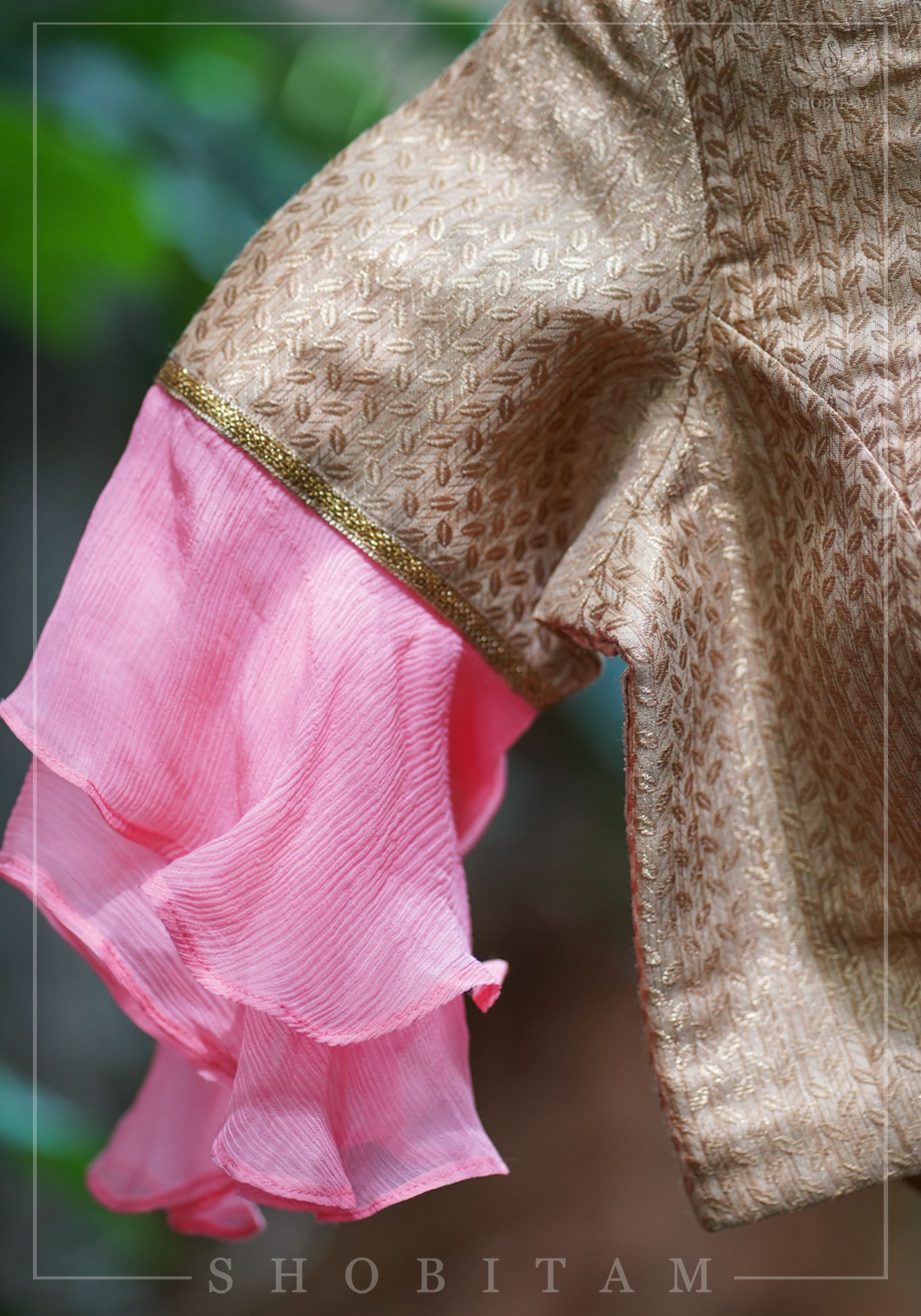 Gold brocade & peach pink chiffon ruffle V neck blouse | Shobitam