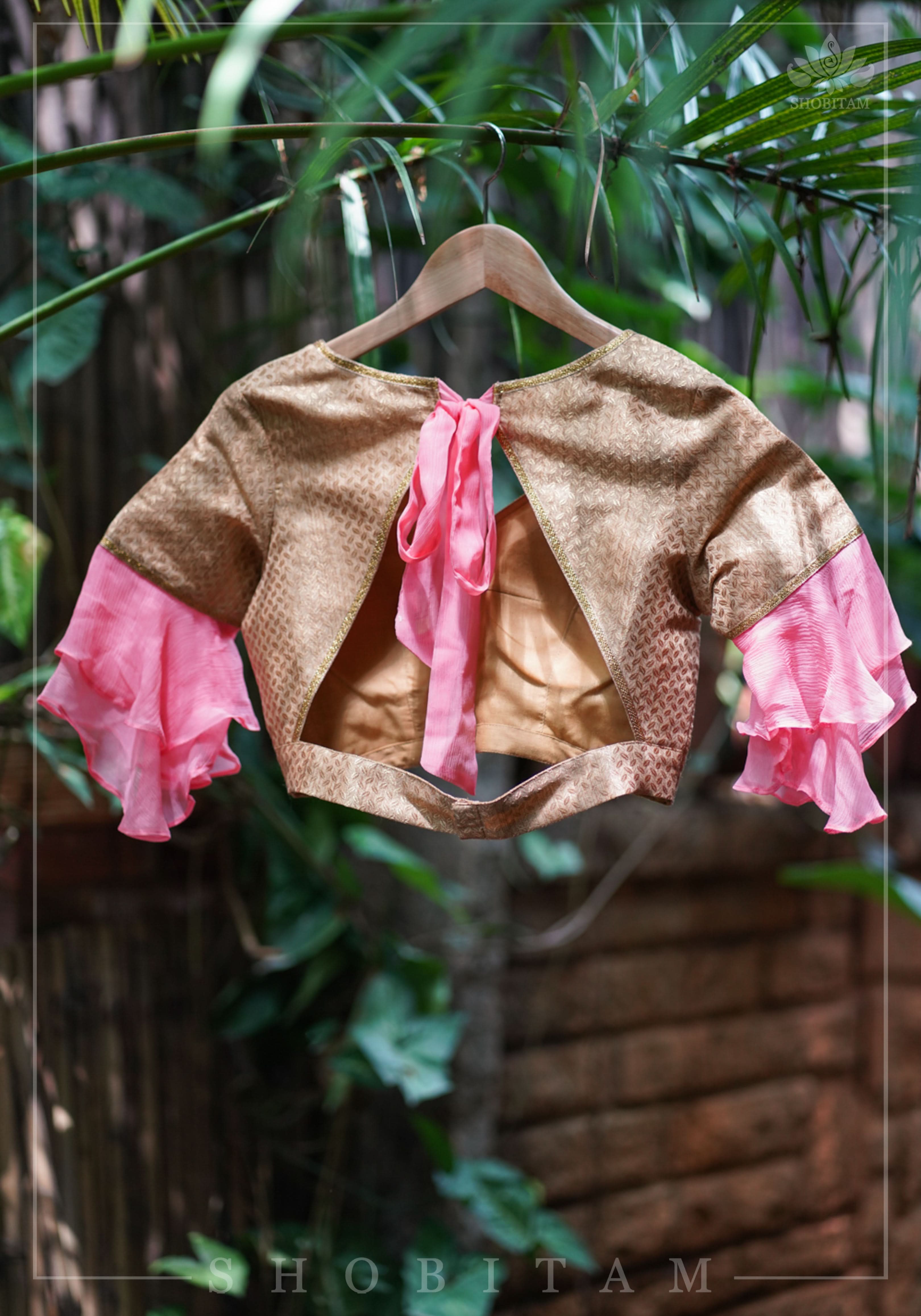 Gold brocade & peach pink chiffon ruffle V neck blouse | Shobitam
