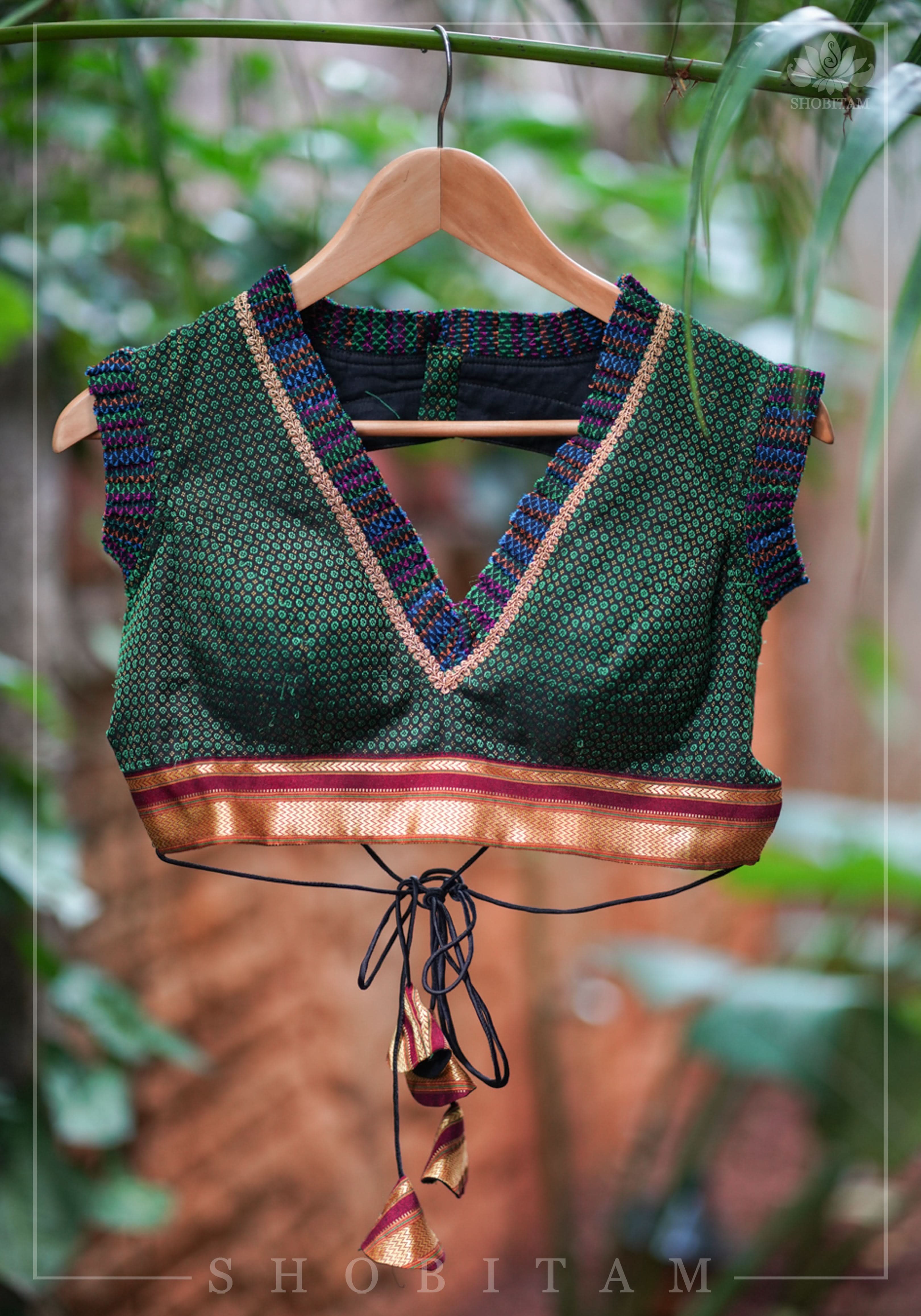 Dark green & black khana silk V neck blouse with frill detailing and backless design< made to order | Shobitam