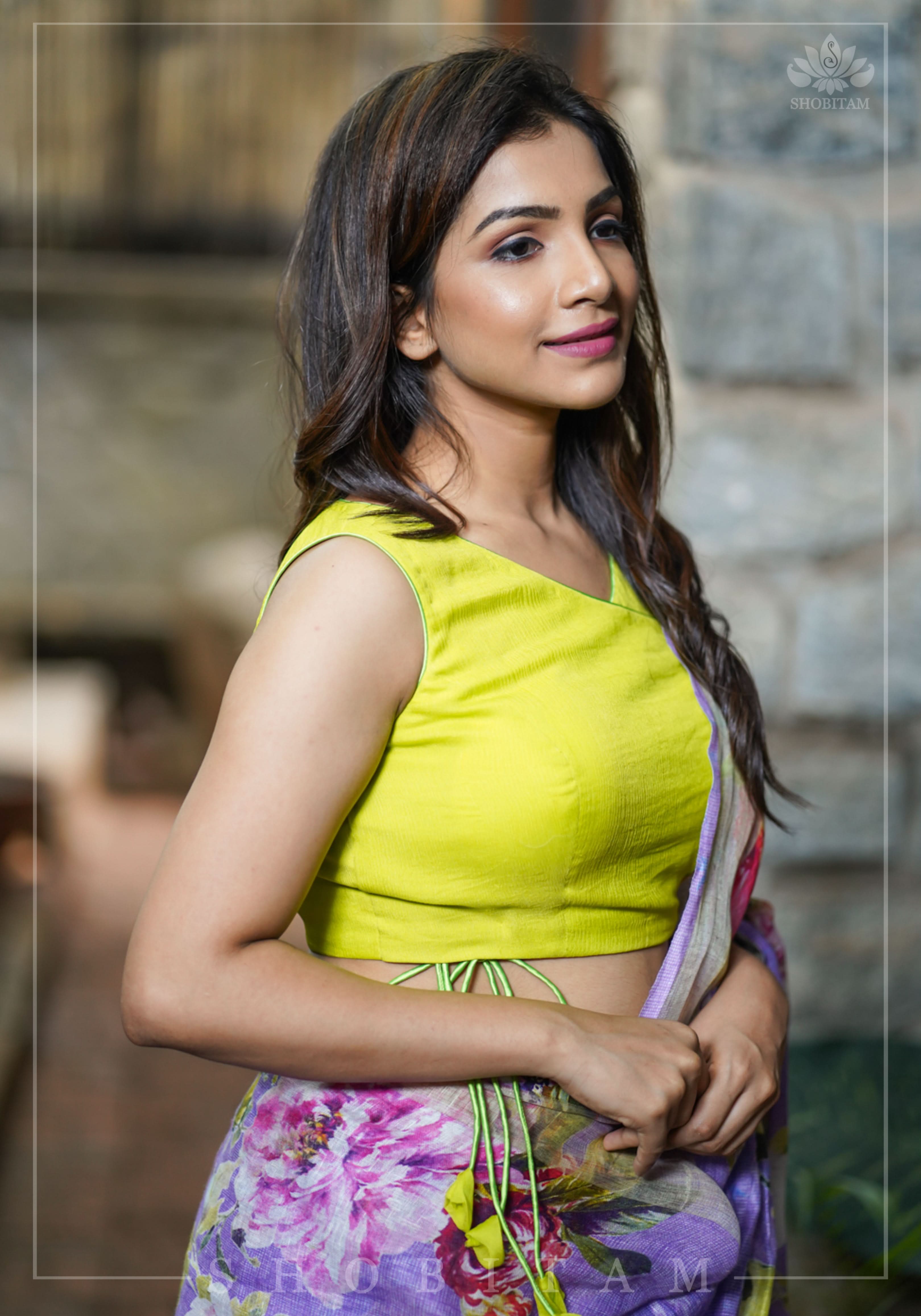 Lime Green Chiffon Crossover Blouse with Zari Detailing | Shobitam