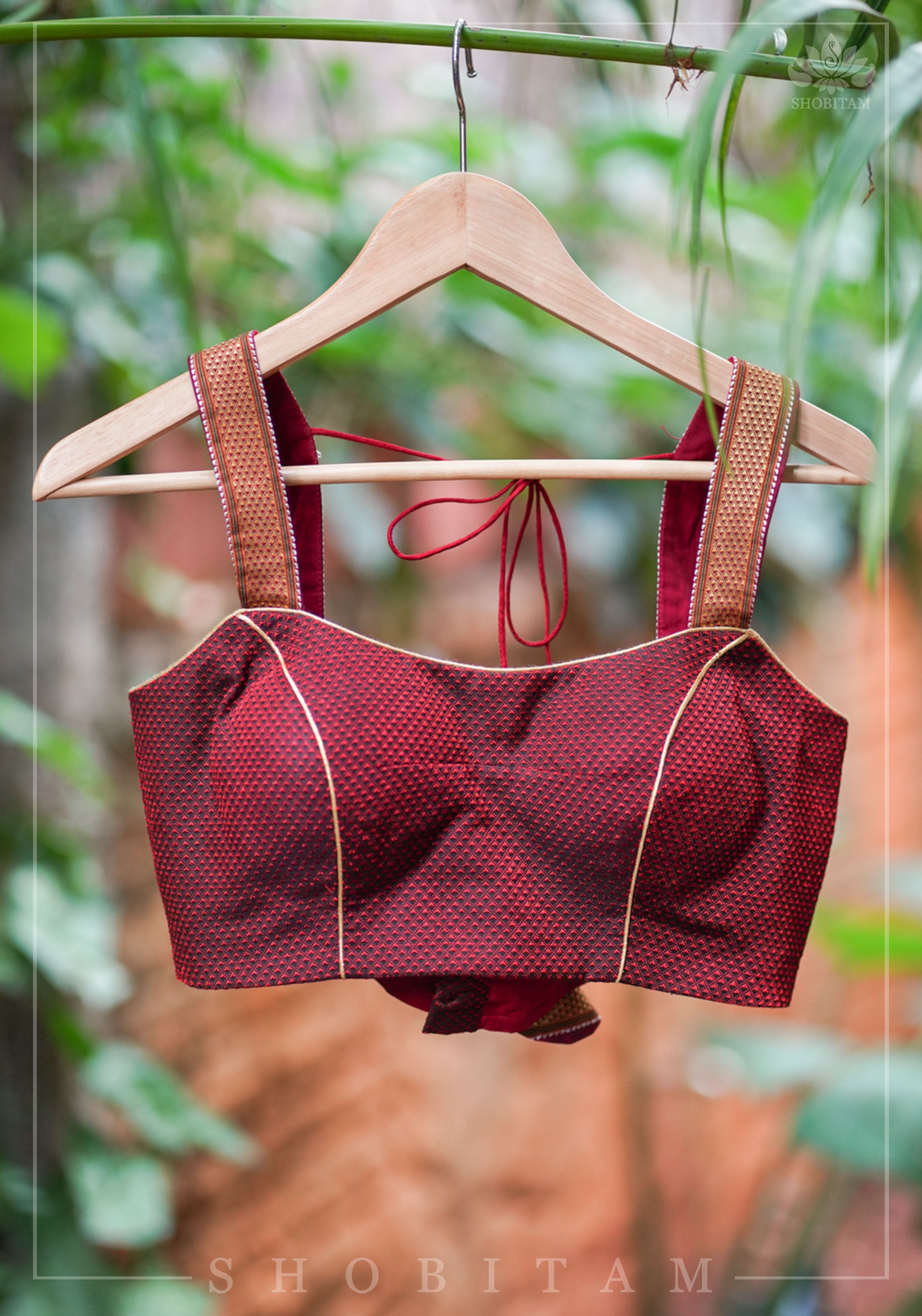 Maroon khana silk sweet heart strappy blouse | Shobitam