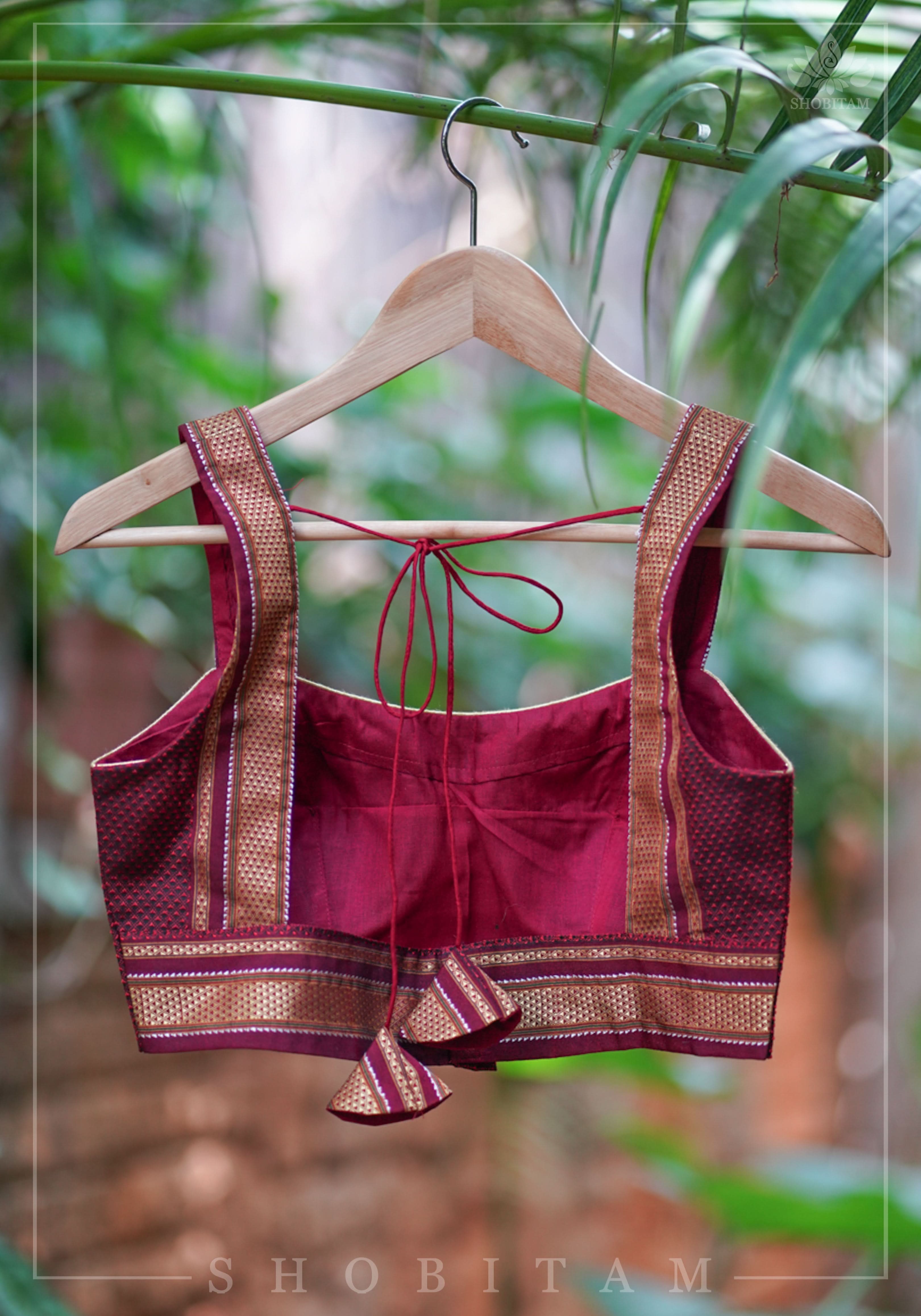 Maroon khana silk sweet heart strappy blouse | Shobitam