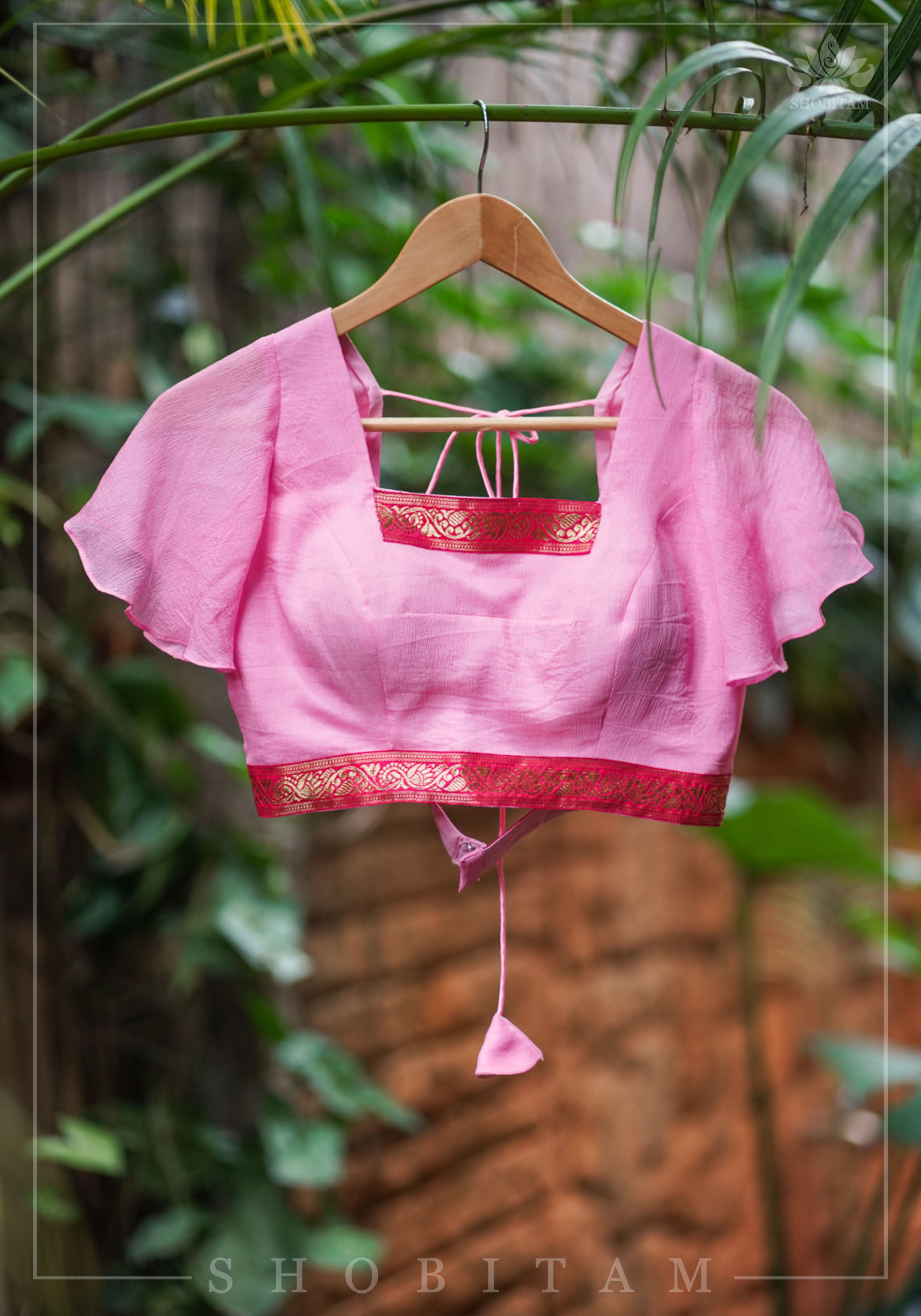 Pink Ruffle Sleeves Blouse in Chiffon with Zari detailing | Shobitam