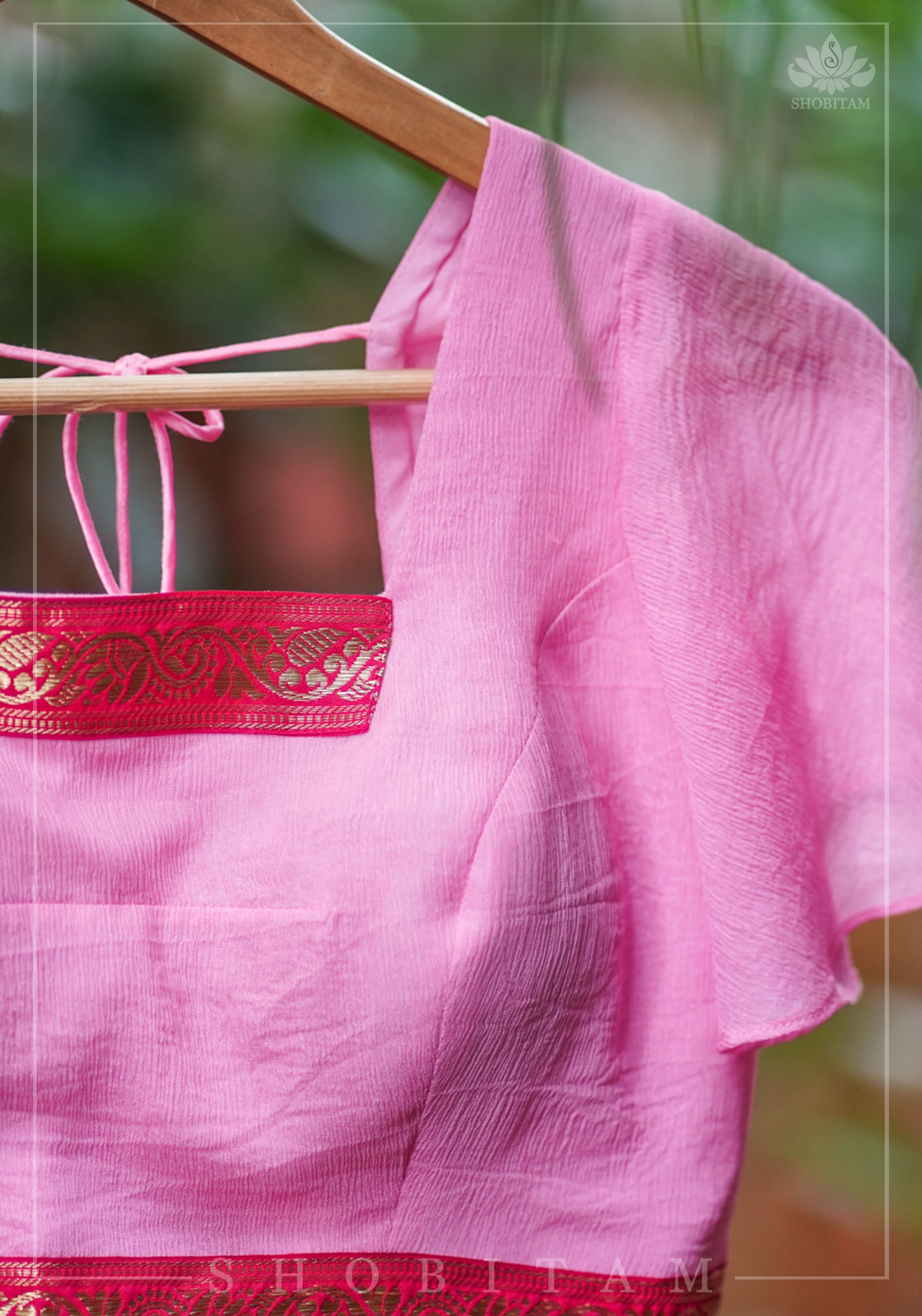 Pink Ruffle Sleeves Blouse in Chiffon with Zari detailing | Shobitam